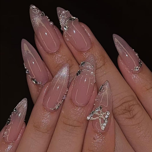 Medium Press on Nails Almond Fake Nails Ombre French Tip Artificial Nail Cute with Butterfly Designs Stick on Nail for Women 24pcs