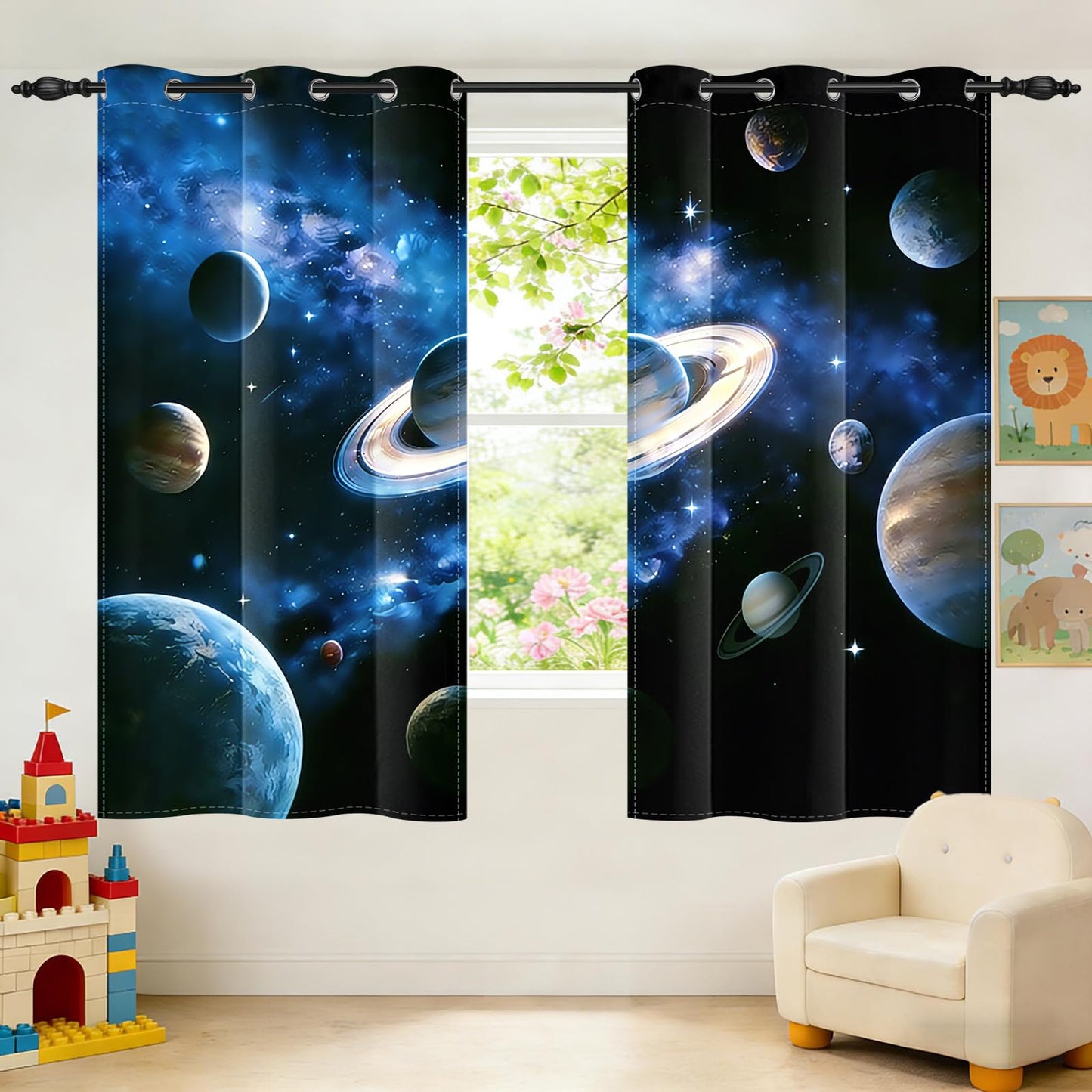 GICDSU Kids Blackout Curtains for Bedroom, Thermal Insulated Room Darkening Drapes for Boys & Girls Room, 63 Inch Length 2 Panels Set, Outer Space Galaxy Planet Saturn Print, 42W x 63L