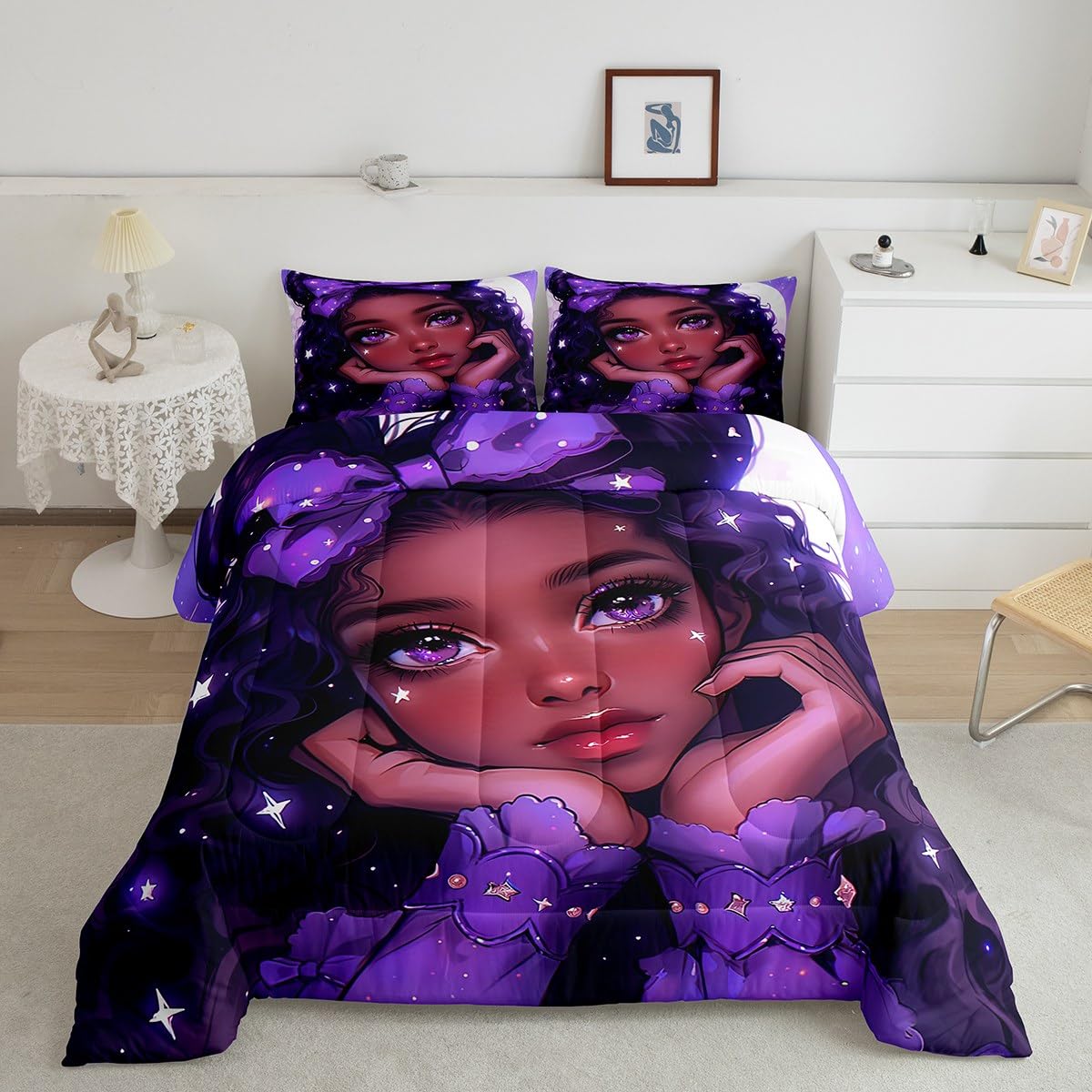 Erosebridal Afro Hair Girl Twin Comforter Set for Little Girls,Toddlers Cute Afro Melanin Princess Bedding Set,Purple Bow American Black Girls Quilt for Girls Bedroom
