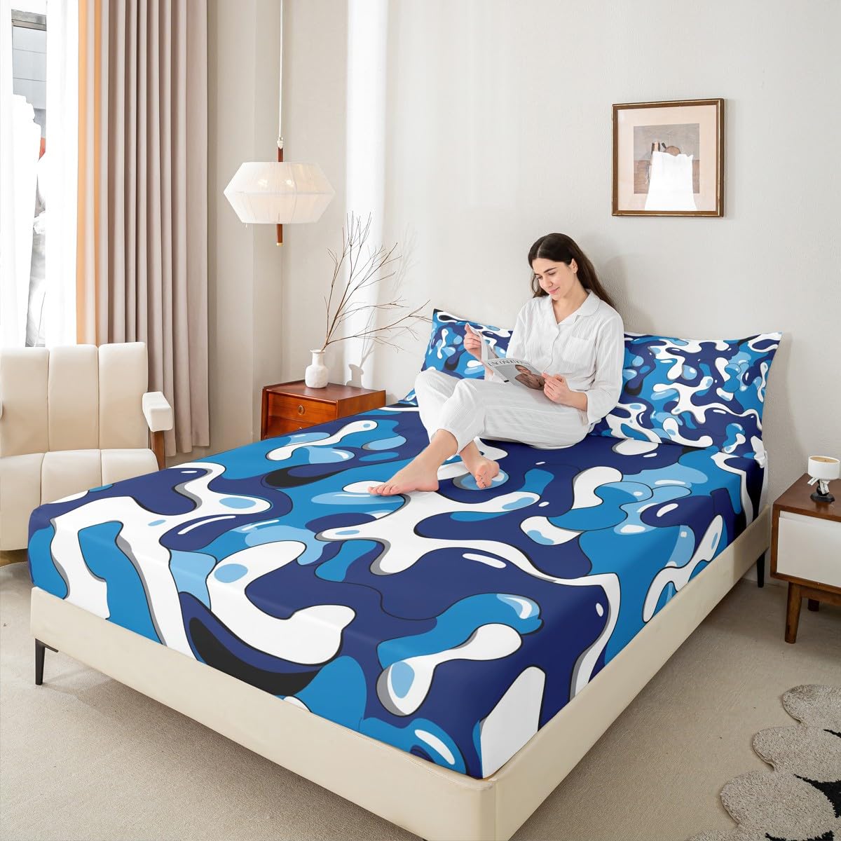 jejeloiu Camo Fitted Sheet with 1 Pillowcase Twin Size Military Style Bed Sheets Set 16" Deep Pocket Boys Girls Blue Bedding Camouflage Teens Bedroom Decor Breathable Lightweight Microfiber