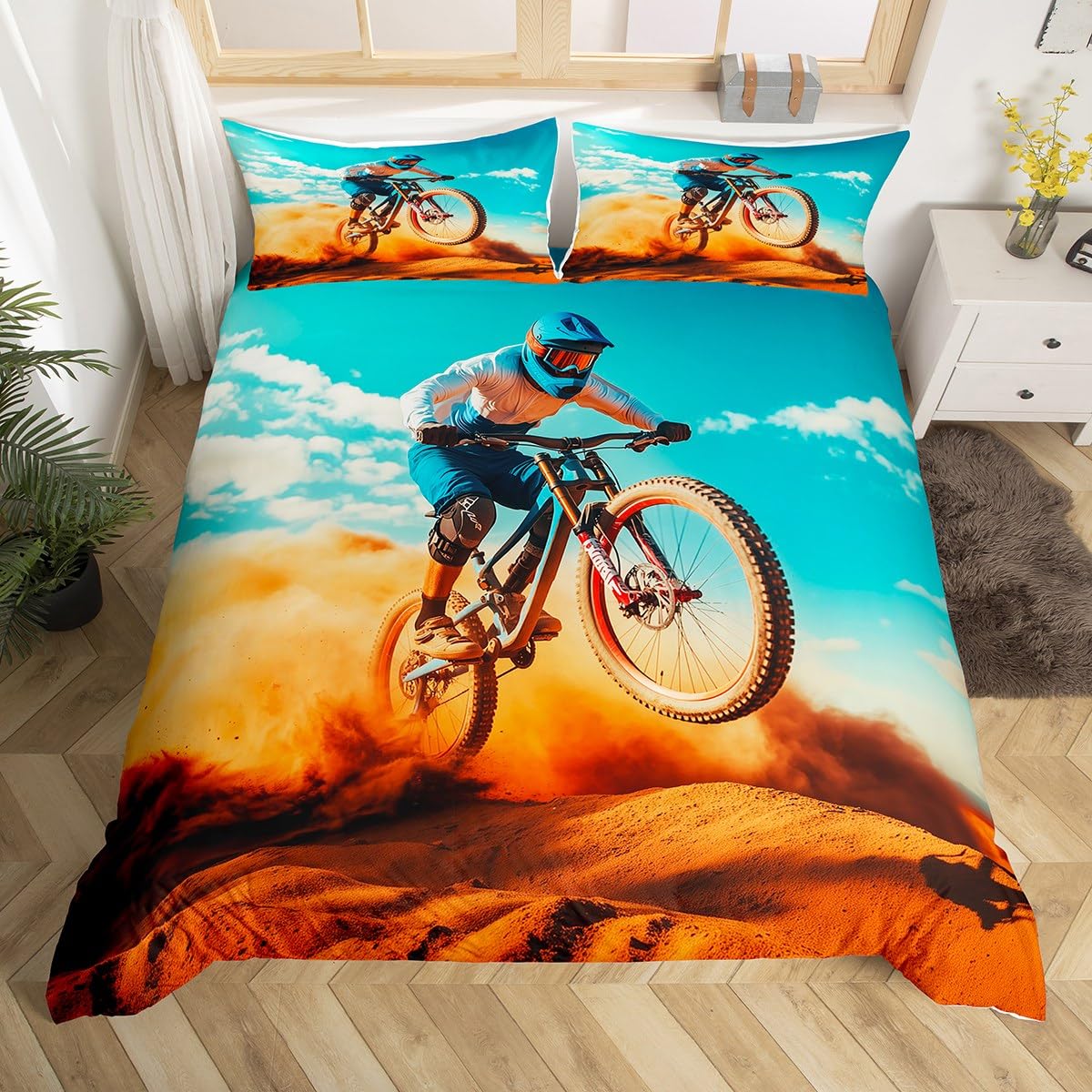 Feelyou Boys Bicycle Rider Bedding Set for Kids Son Men Mountain Bike Pattern Comforter Cover Extreme Sport Theme Duvet Cover Room Decor Cool Style Bedspread Cover Queen Size Bedding Collection 3Pcs