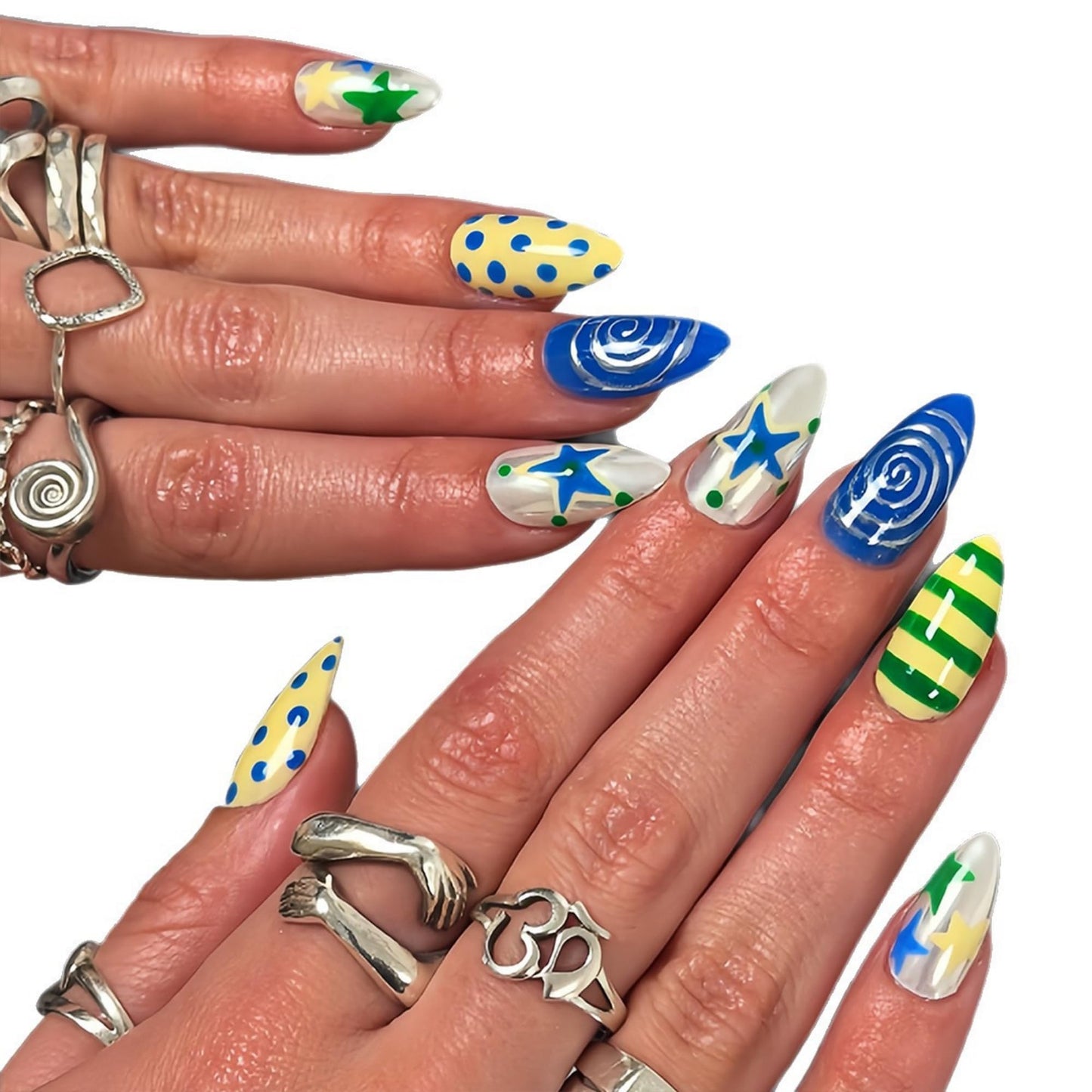 octoswave Long Almond Press on Nails Star and Swirl Design Colorful False Nails for Party and Travel 24Pcs