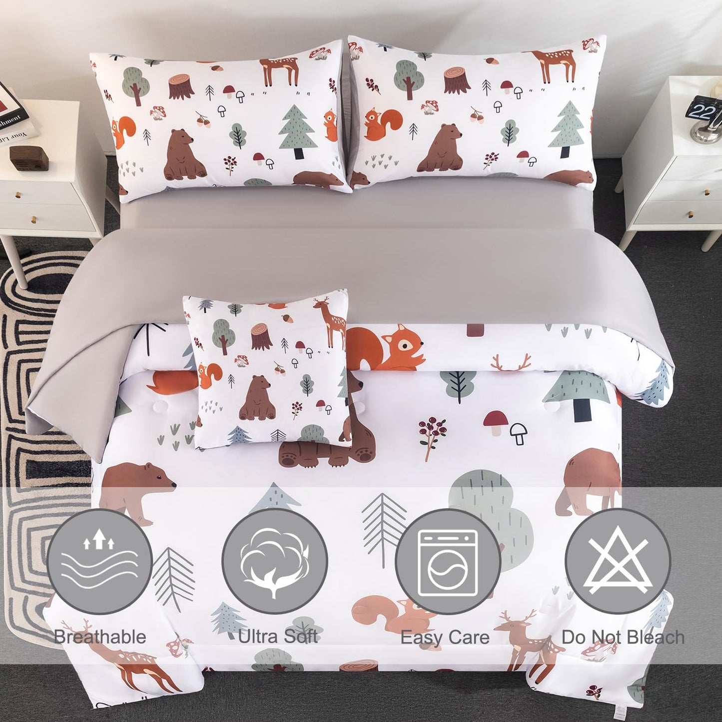 BYHOFMLY Twin Bedding Sets for Boys Girls 6 Pcs White Woodland Animals Kids Comforter Set with Sheets Forest Theme Teen Boy Bed in A Bag for All Season(Forest, Twin)