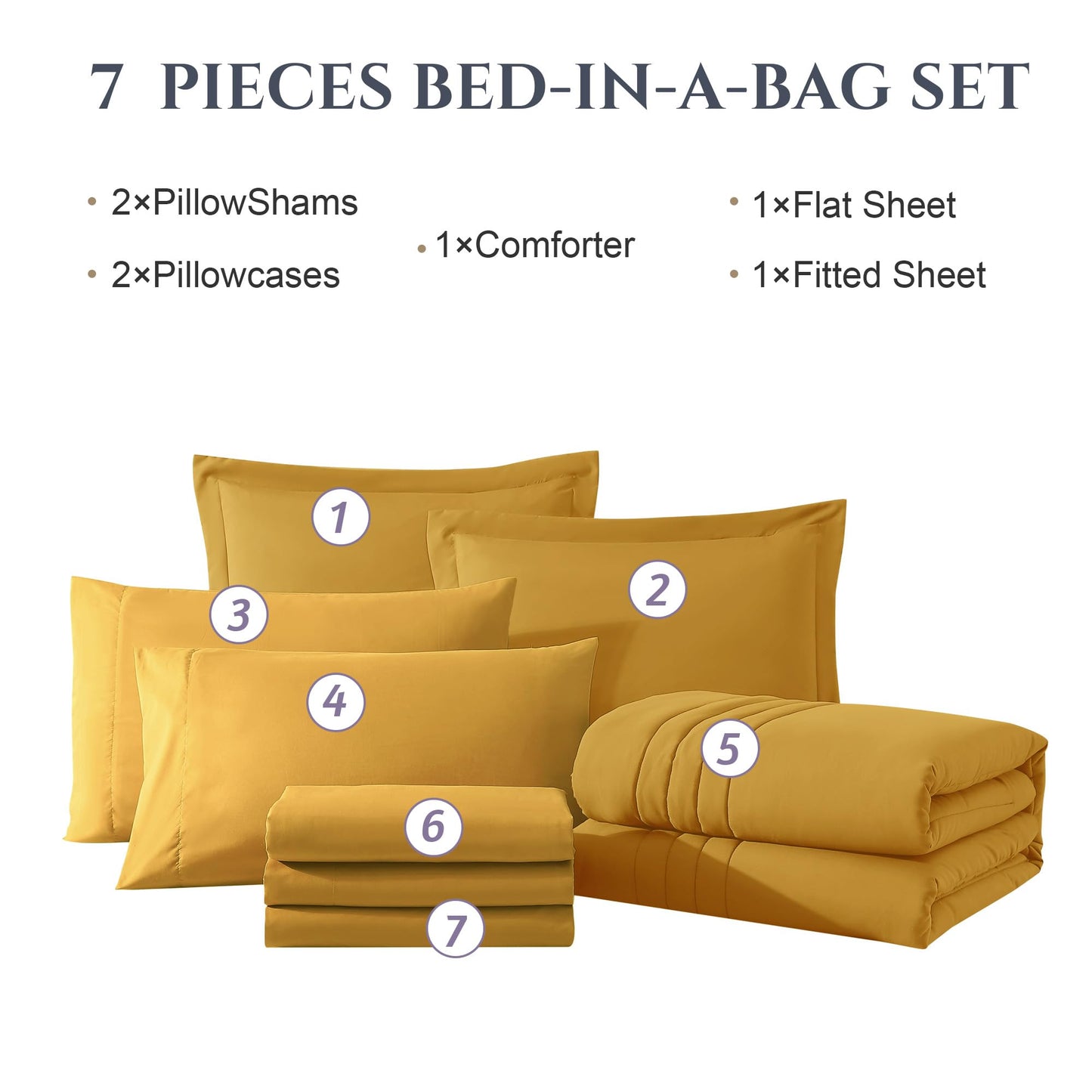 Monbix Queen Comforter Set - 7 Pieces Bright Yellow Bed in a Bag Queen Bedding Sets with Comforters, All Seasons Comforter Bed Set with Sheets,Pillowcases & Shams