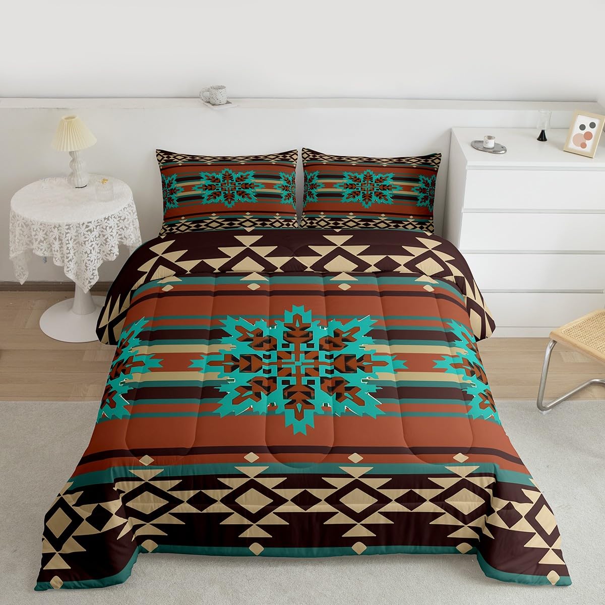 jejeloiu Western Aztec Bedding Set Soft for Boys Girls, Native American Comforter Set Queen Size Geometric Duvet Quilt Microfiber Boho Bedroom Decor 3 Pcs with 2 Pillow Cases