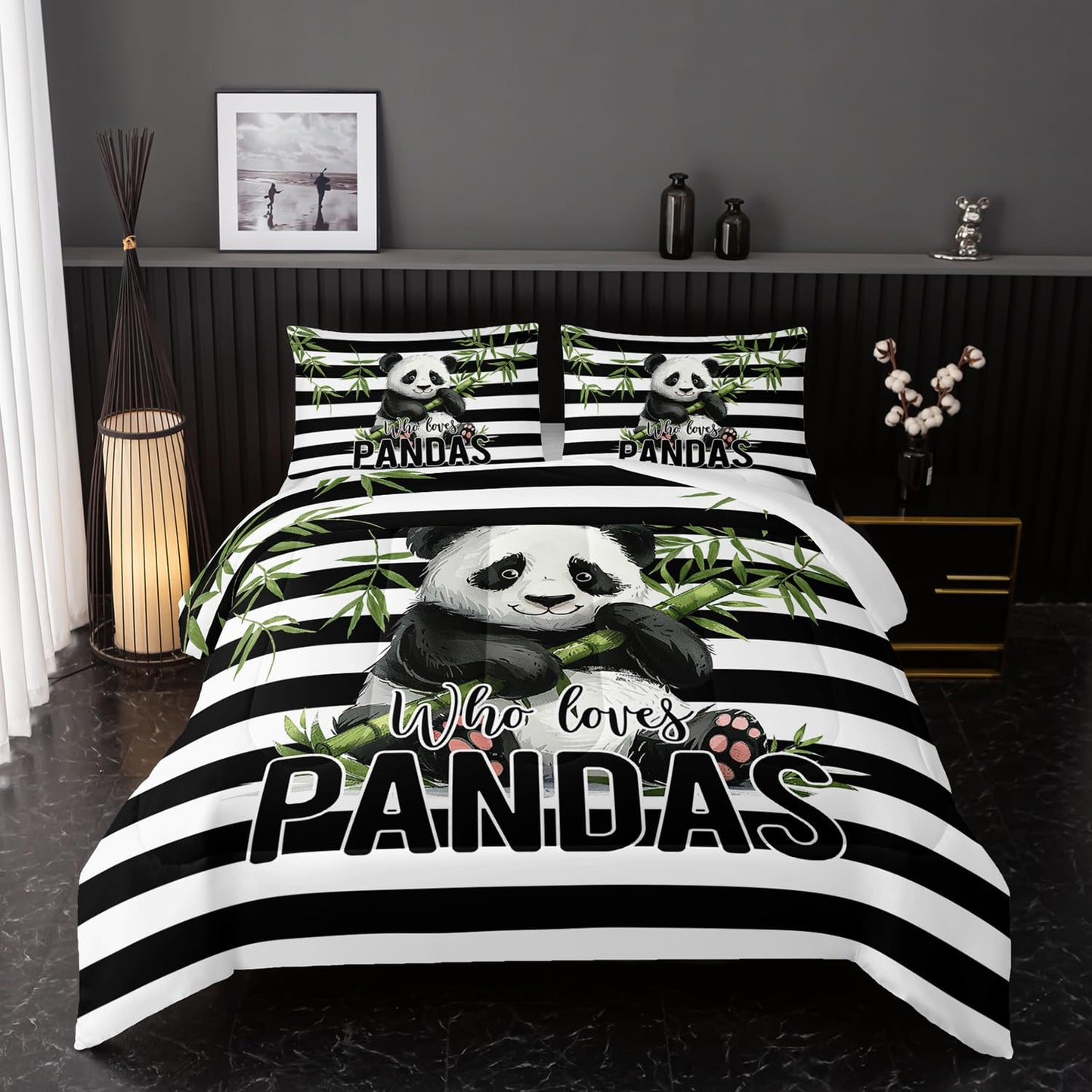 Nttopship Kawaii Panda Bedding Set - Striped Animal Theme Comforter for Girls, Kids, Teens - Twin Size With 2 Pillowcases