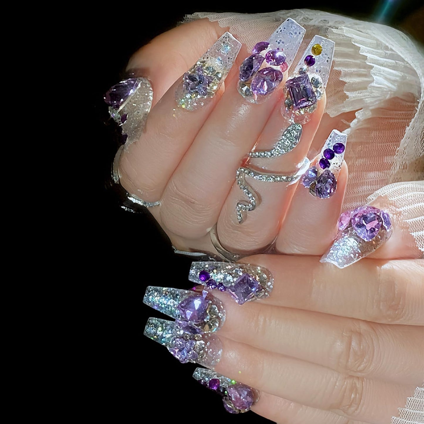 IMSOHOT Purple Press on Nails Long Coffin Fake Nails Glossy Acrylic False Nails with Bling Rhinestone Designs Glitter Glossy White Artificial Beallerina Handmade Reusable Stick on Nails