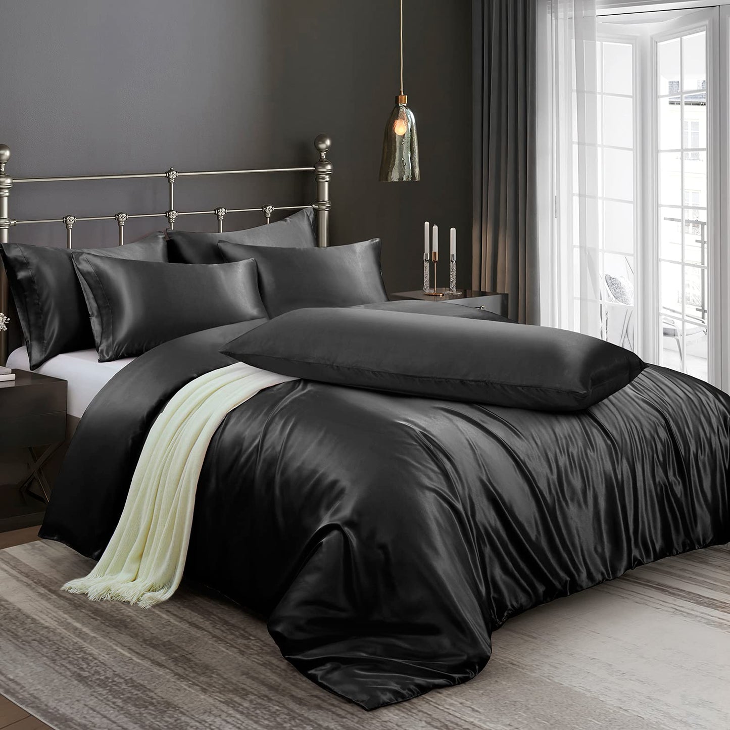 Ersmak 6 Pieces Satin Duvet Cover King Size Luxury Silky Bedding Duvet Cover Set with 1 Soft Duvet Cover, 4 King Pillowcases and 1 Body Pillowcase, Black