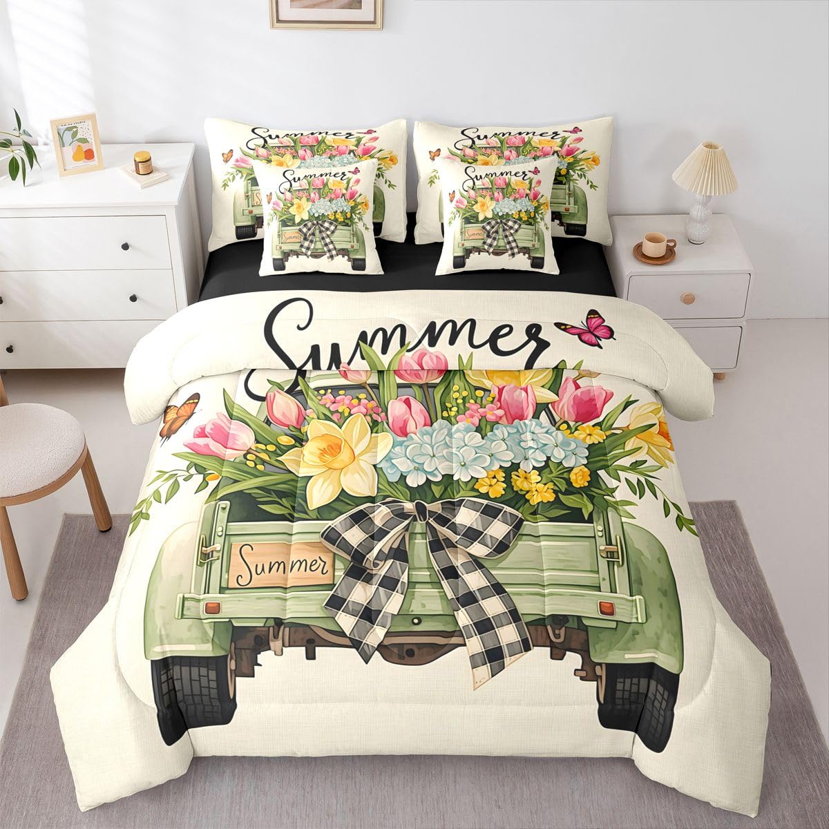 Erosebridal Floral Truck Queen Bedding Set Vintage Bow Green Pickup Comforter Set with Flat and Fitted Sheet Girls Women Summer Blooming Flower 7-Piece Bed in a Bag Countryside Farm Quilt Sets