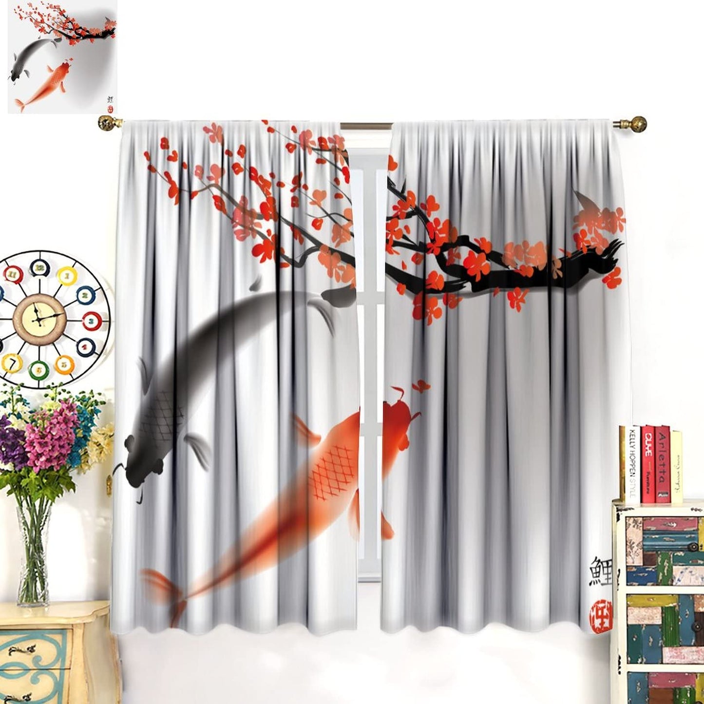 Japanese Style Curtains, Koi Fish Swimming Cherry Blossom Branch Design, Bedroom Living Room Decorative Room Noise Reduction Darkening, 2 Sets of Panels, 42x45 in. Orange Gray