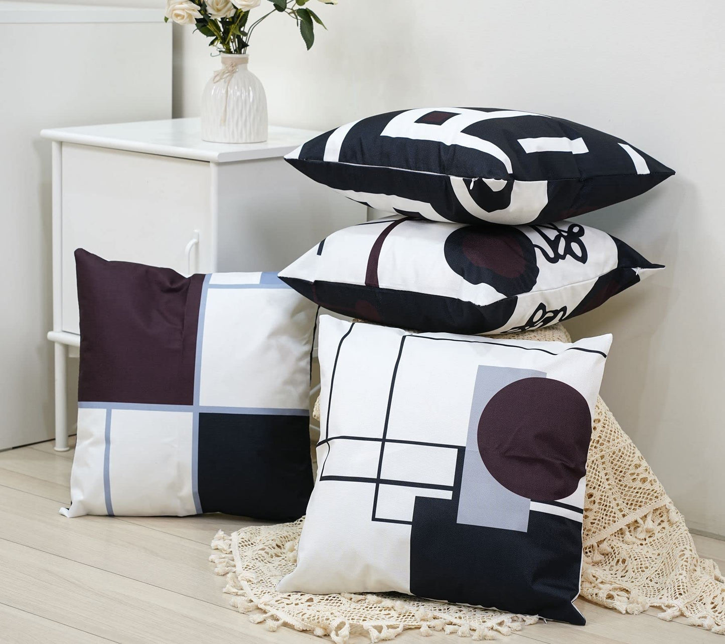 Black Wine Red Geometric Decorative Cushion Pillow Covers Set of 4 20" x 20" Modern Geometric Grey Black and Red Grid Stripe Decor Irregular with Hidden Zipper Home for Couch Bed