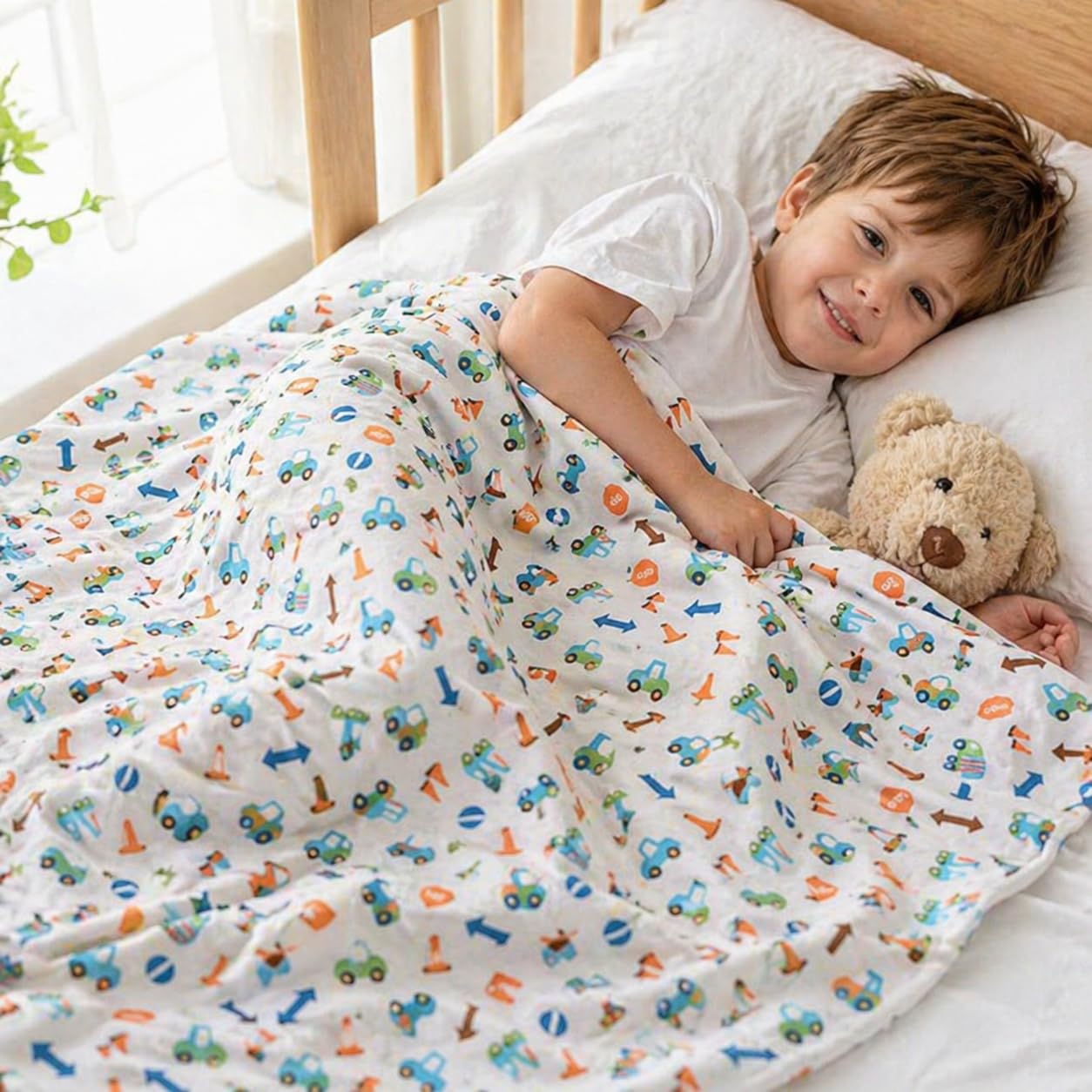 Kids Throw Blanket – Soft Cotton Toddler Blanket with Construction Vehicles Puzzle Pattern, Lightweight Breathable Bed Throw with Stitched Edges, 40 x 60 in (101.6 x 152.4 cm)