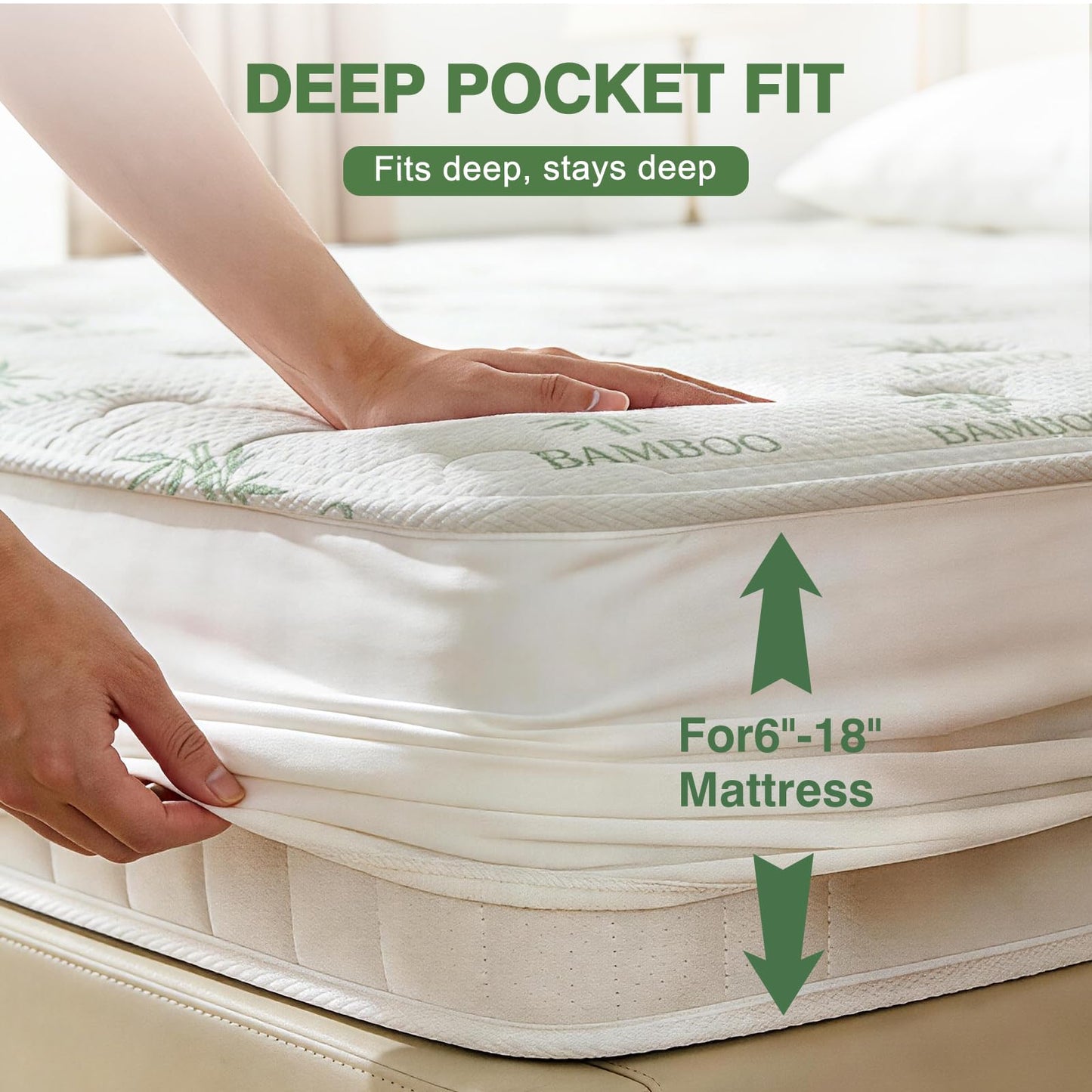 KAYWAZY Waterproof Mattress Protector Queen Size - Cooling Breathable Mattress Cover for Queen Bed, Noiseless Soft Bed Pad Cover, Snug Fit Deep Pocket 6''–18'', Ideal for Dorms & Guest Rooms, Green