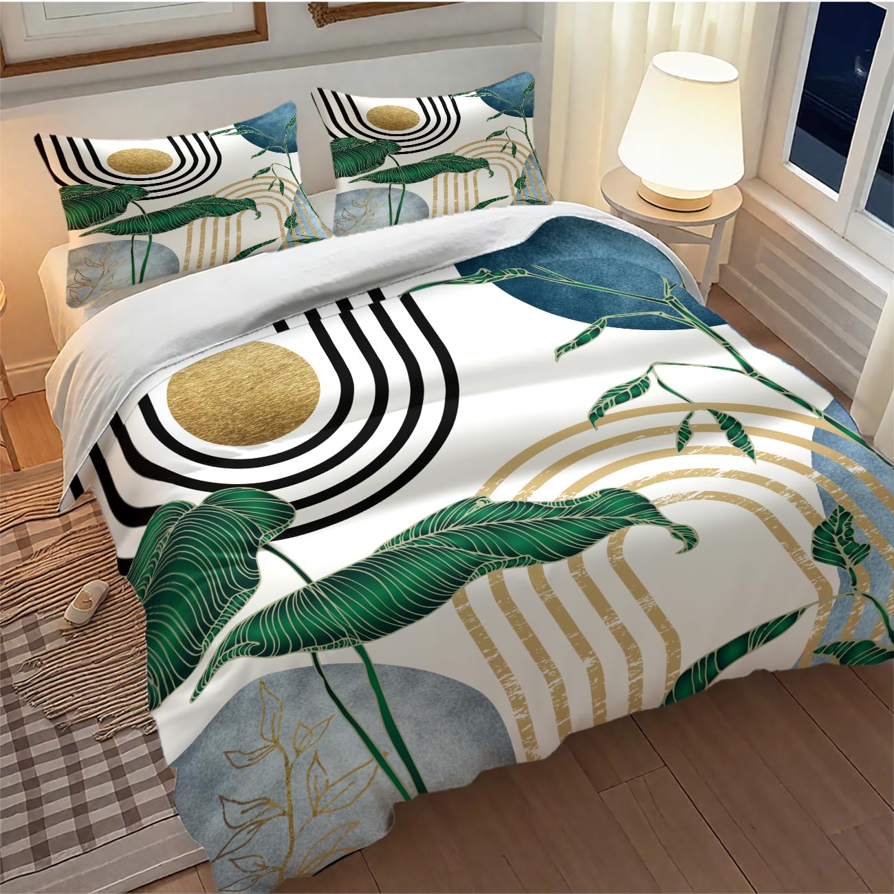 Lnepty Mid Century Leaves Bedding Set,Modern Abstract Tropical Monstera Palm Leaf Plant Minimalist Spring Summer Bohemian Geometric Comforter Set with Pillowcase for Bedroom Bed Decor，Twin 86"x70"