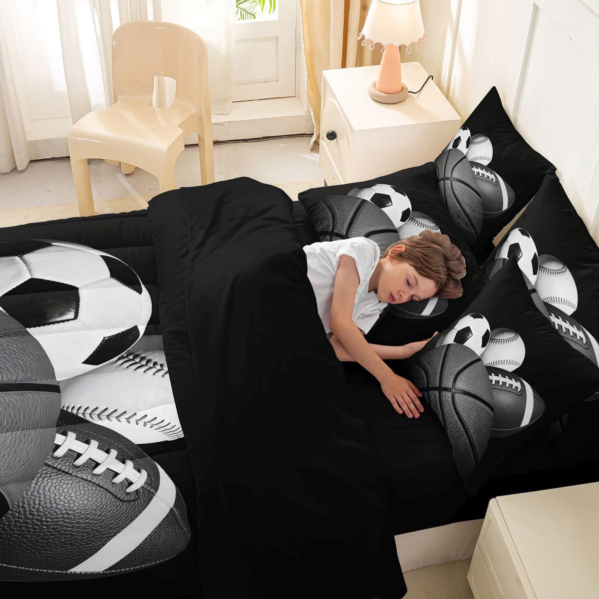 Feelyou Boys Sports Comforter Set Twin Size 7 Pieces Football Baseball Soocer Basketball Bedding Set Kids Black White Bed in a Bag with Sheets, Pillowcases, Cushion Covers Sports Gifts Room Decor Soft