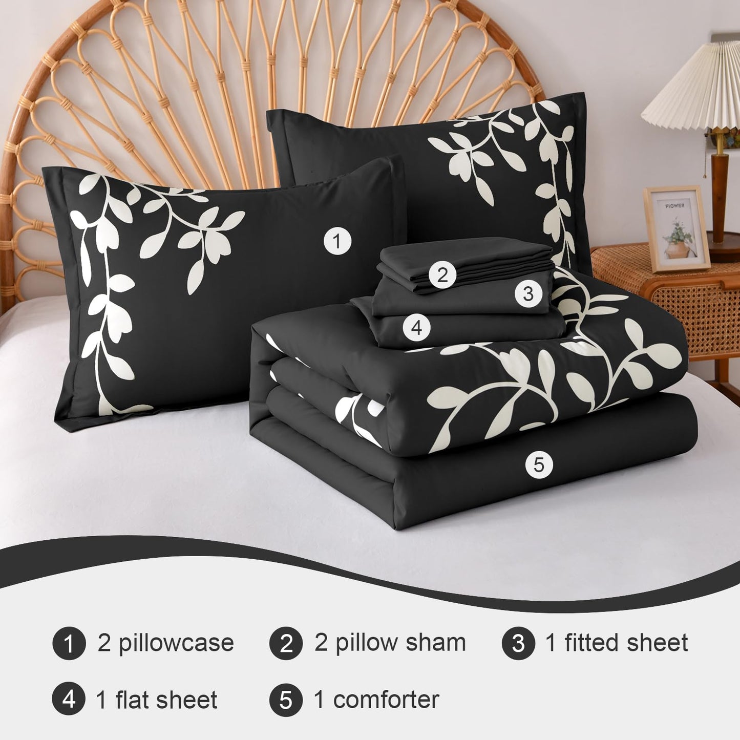 METAHOTS King Size Comforter Set - 7 Pieces White Floral Botanical Printed on Black King Comforter Set with Sheets, Soft Lightweight Microfiber Bedding Set for All Season(104"X90")