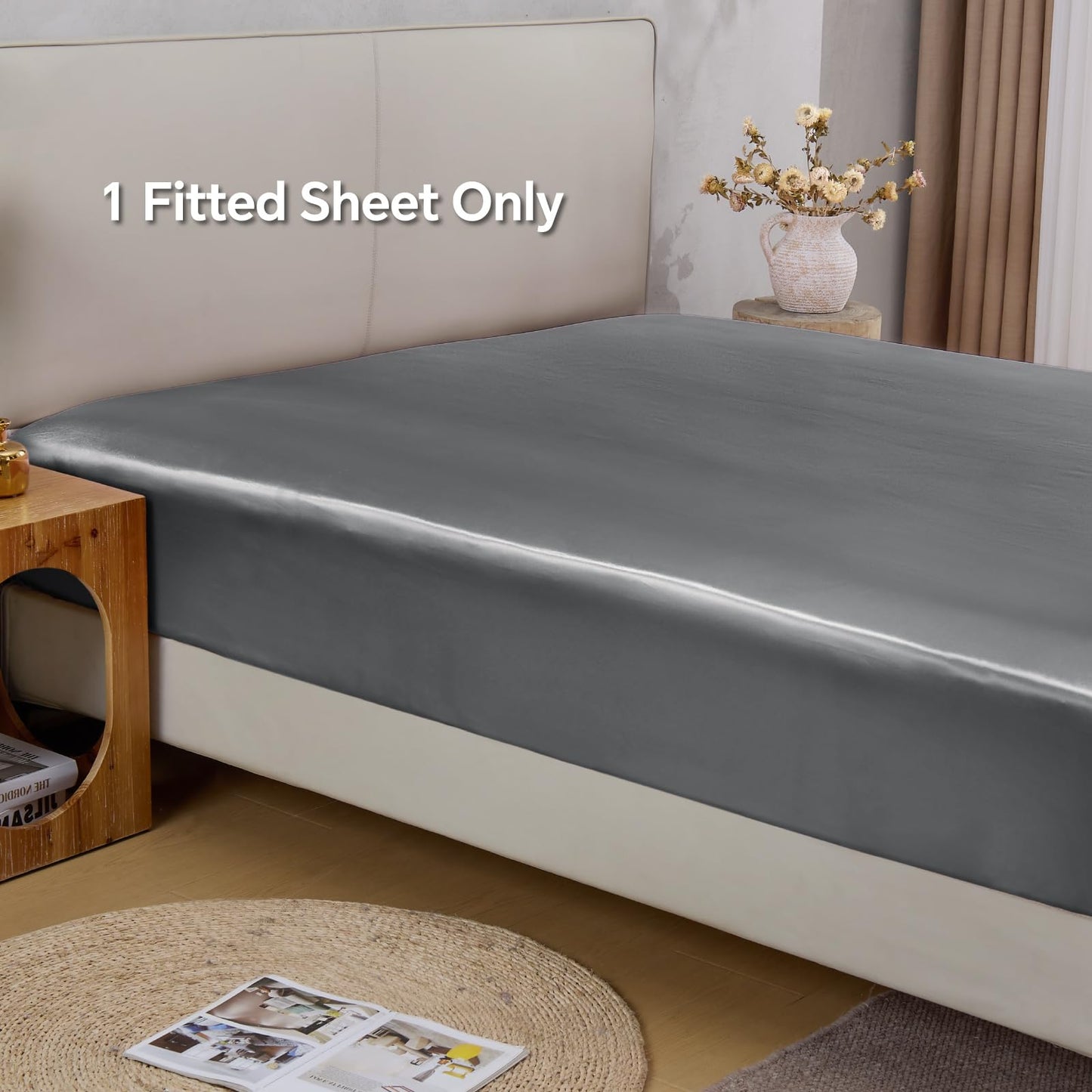 BEDELITE Satin Fitted Sheet Queen with Elastic Corner Straps, Luxury Soft Silk-Like Bed Sheet for Hair & Skin, 1 Deep Pocket Fitted Sheet Only Fits 15" Mattress, Fade & Wrinkle Resistant, Dark Grey