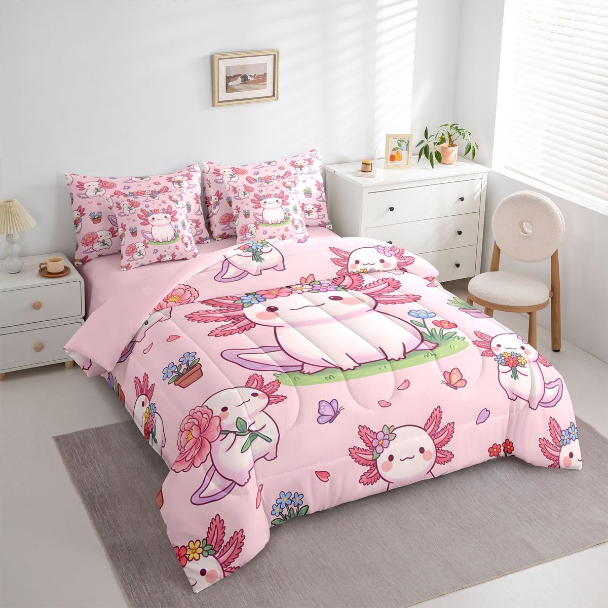 Kids Cartoon Axolotl Twin Size Bedding Set for Girls Pink Flower Floral 7 Pieces Comforter Set with Sheets for Preteen Girly Pink Axolotl Bed in a Bag for Teens Spring Garden Blossom Bed Sets