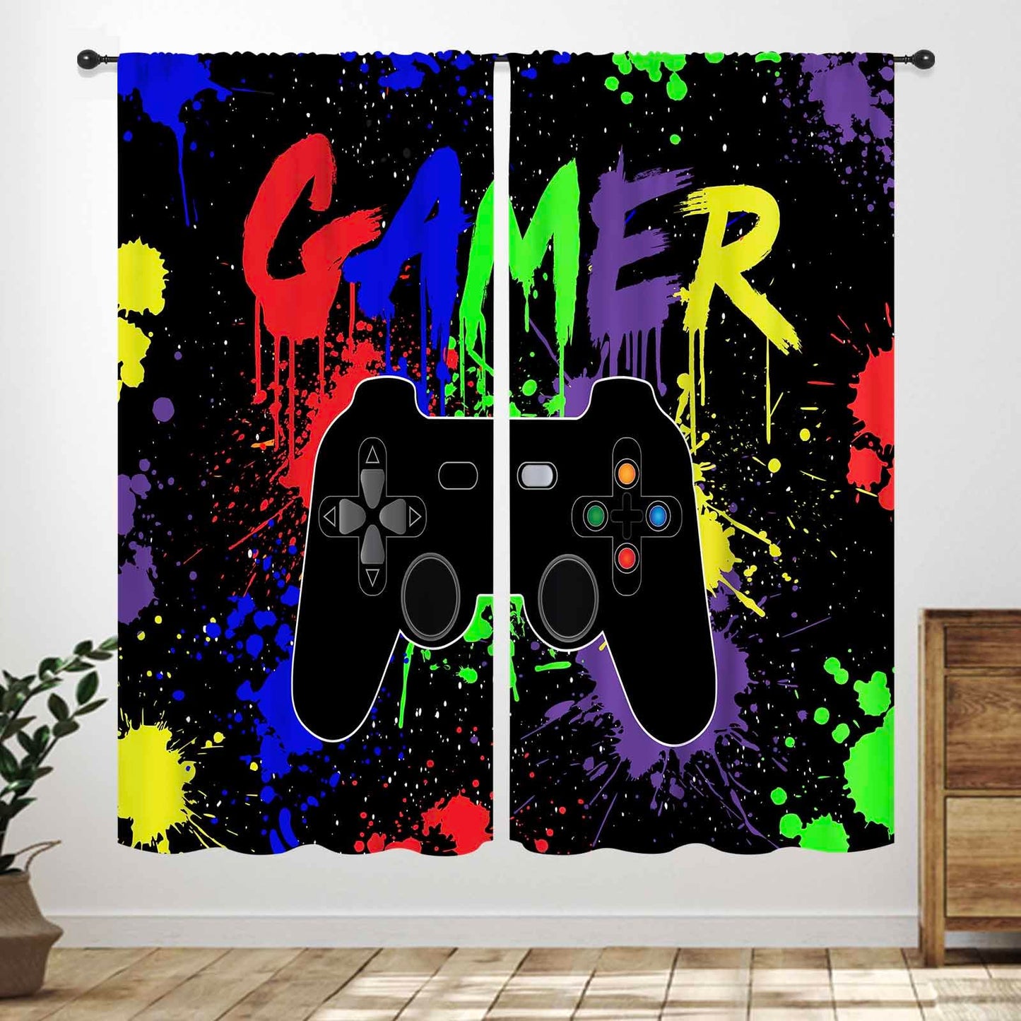 Gaming Curtains for Boys Bedroom,Colorful Graffiti Gamepad Video Gamer Themed Teen Kids Playroom Living Room Rod Pocket Window Treatments Drapes 2 Panels,42X45 Inch