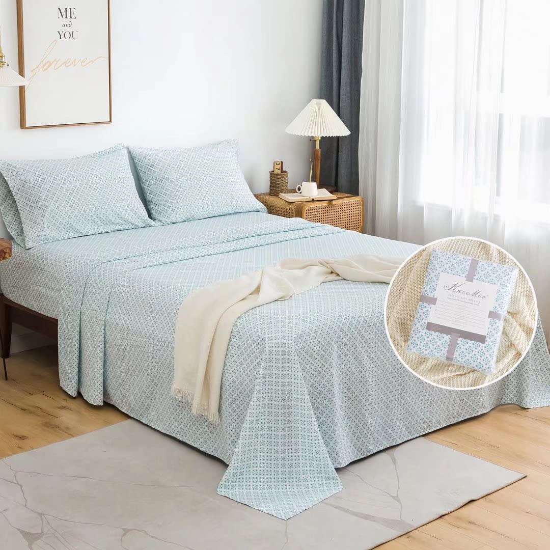 California King Sheet Set 4PC Printed Greenish Blue Floral Pattern Double Bed Luxury Cooling Soft 100% Microfiber Brushed Sheets 17” Deep Pocket, Easy Care, Breathable, Wrinkle Free, Machine Washable
