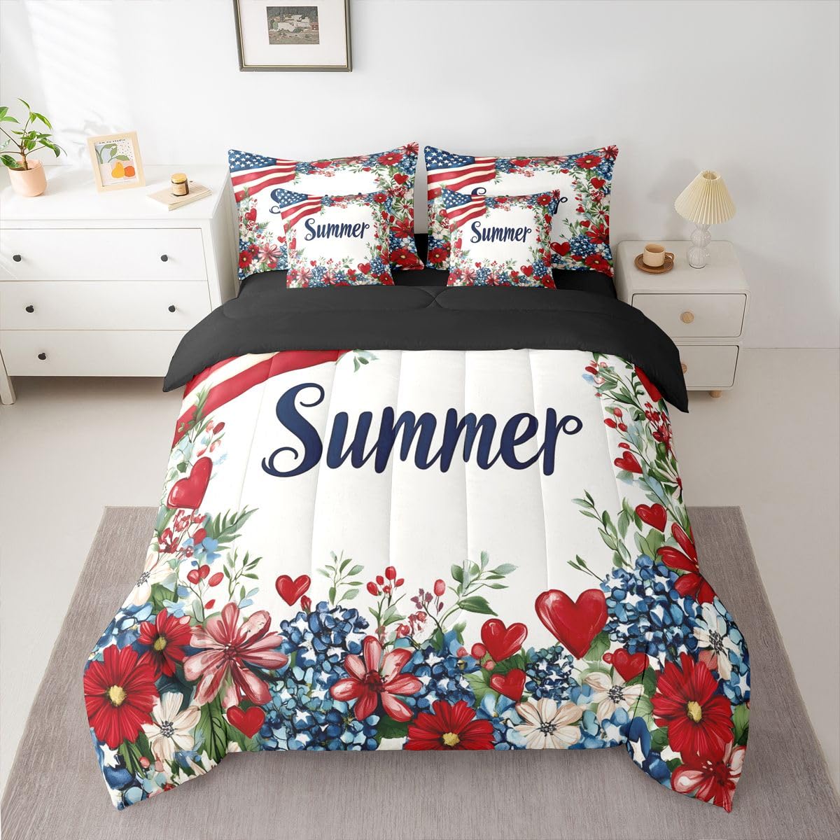 Erosebridal American Flag Queen Bedding Set Patriotic Floral Comforter Set with Flat and Fitted Sheet Kids Adults Summer Flower & Heart 7-Piece Bed in a Bag Fourth of July Art Quilt Sets