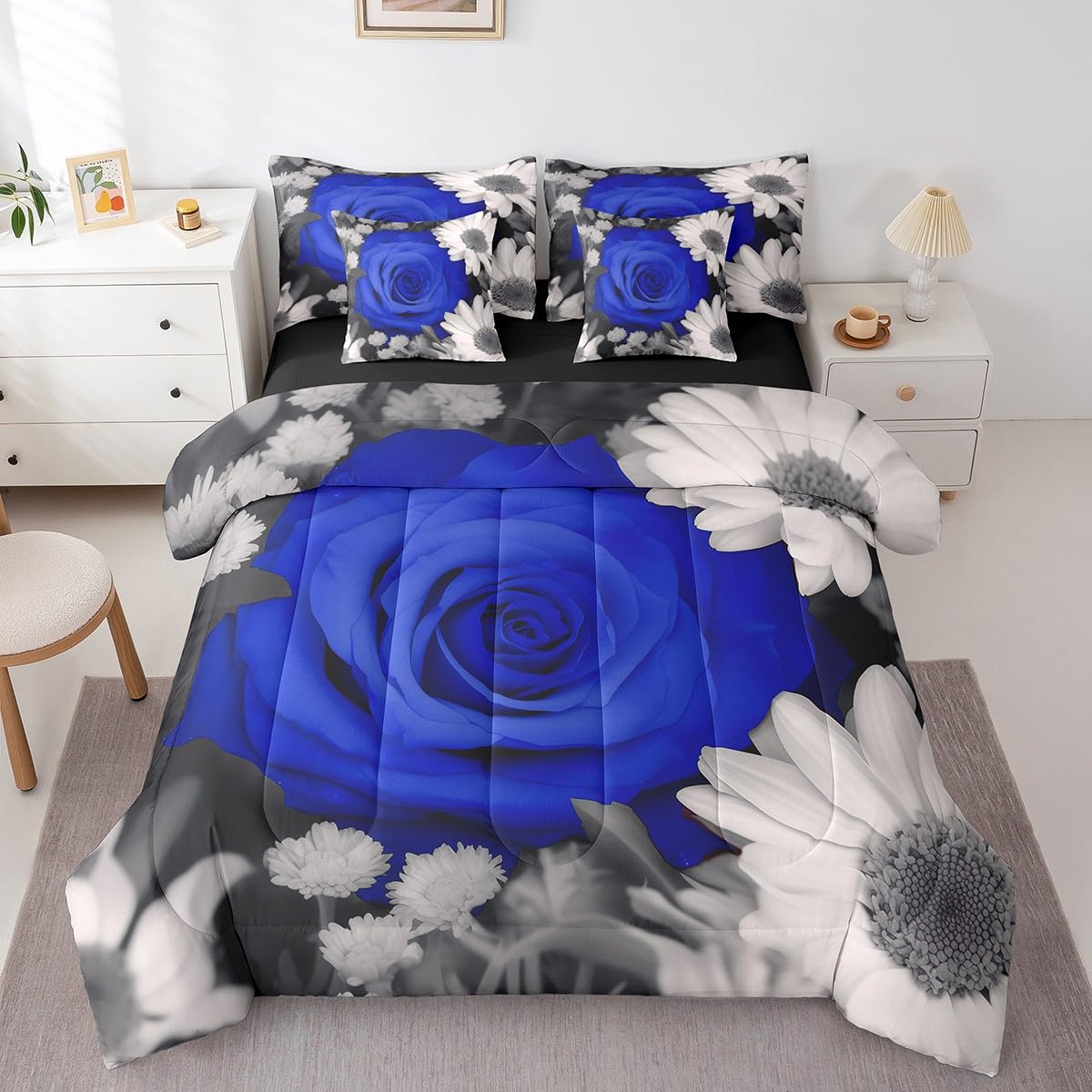Erosebridal 7 Pcs Comforter Set Full Size,Blue Rose Daisy Floral Bed in a Bag with Flat Sheet and Fitted Sheet,Garden Farmhouse Style Bed Set,Valentine 3D Flower Bedding Set with Pillowcase & Sham