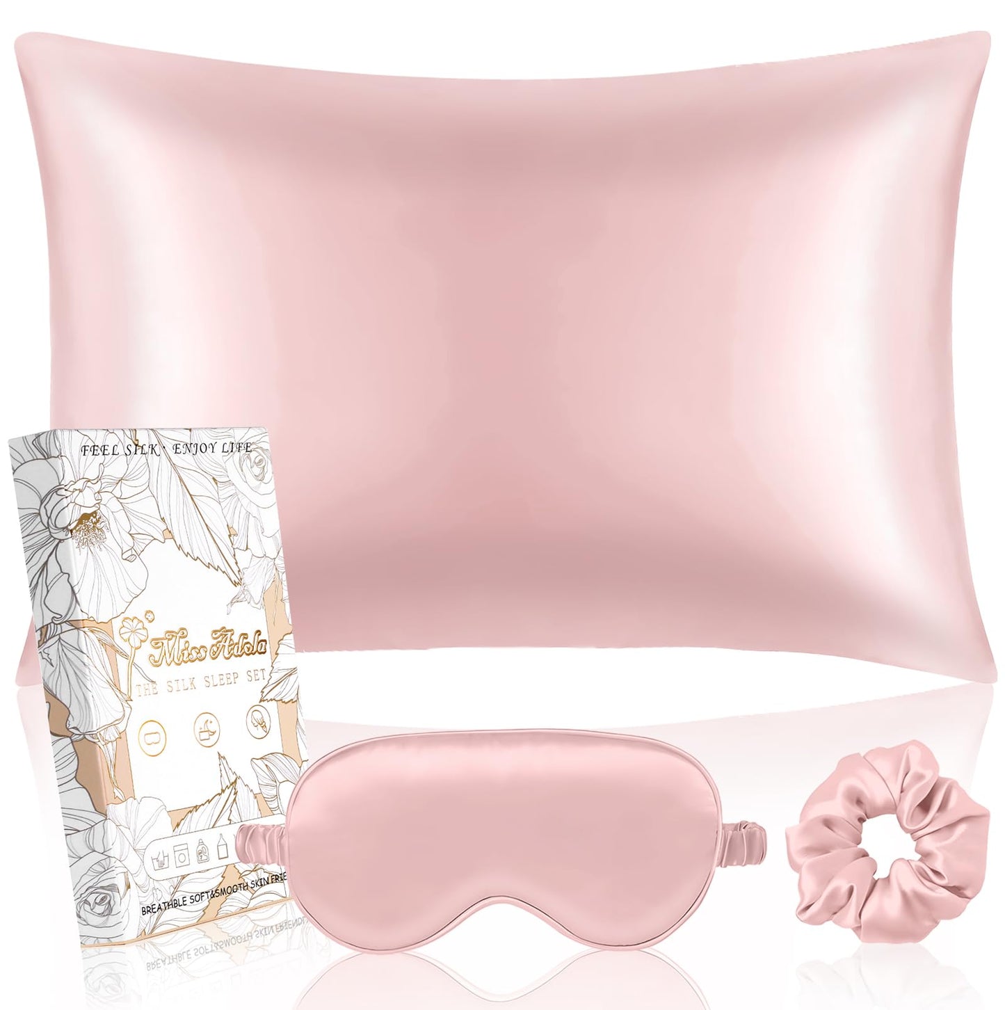 Miss Adola Mulberry Silk Pillowcase Set - 1 Pc Silk Pillowcase with Eye Mask & Scrunchie, Soft Standard 20"x26" Pillow Case for Hair and Skin, Sleeping Gift for Women, Blush Pink