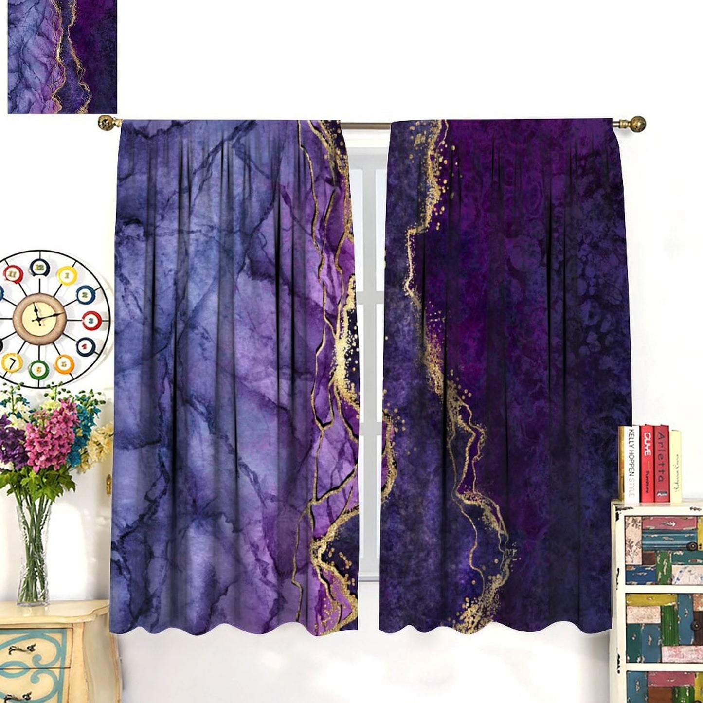 Marble Blackout Curtains Modern Luxury Abstract Gold Cracked Purple Texture Girls Women Bedroom Living Room Bathroom Decor Rod Pocket Blackout Window Drape 42x45in, Style-20