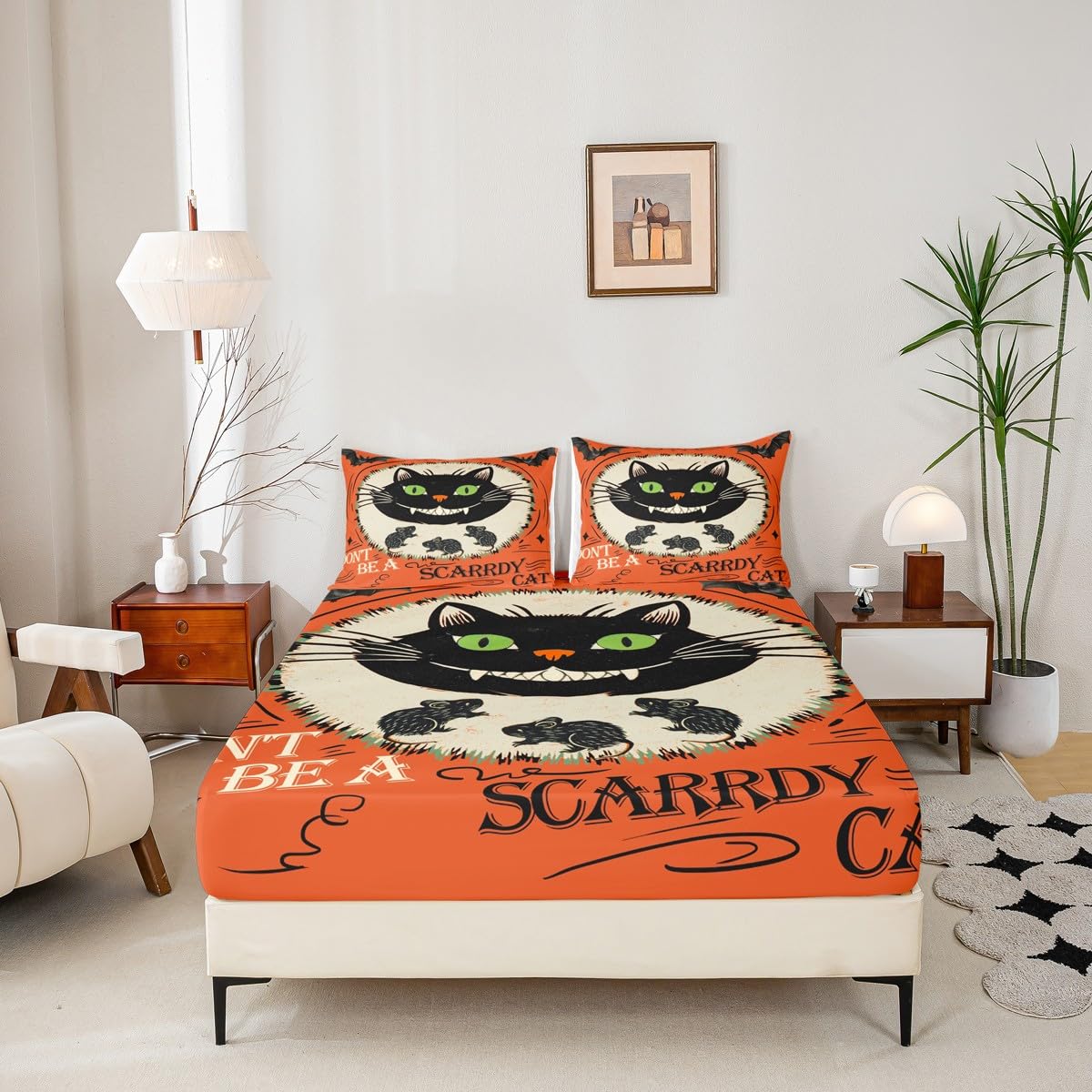 Feelyou Kids Halloween Fitted Sheet Full Size, Horror Decor Bedding Set Black Cat Bed Sheet Set Boys Girls Happy Halloween Teens Bedroom Decor 3Pcs (No TOP Sheet)