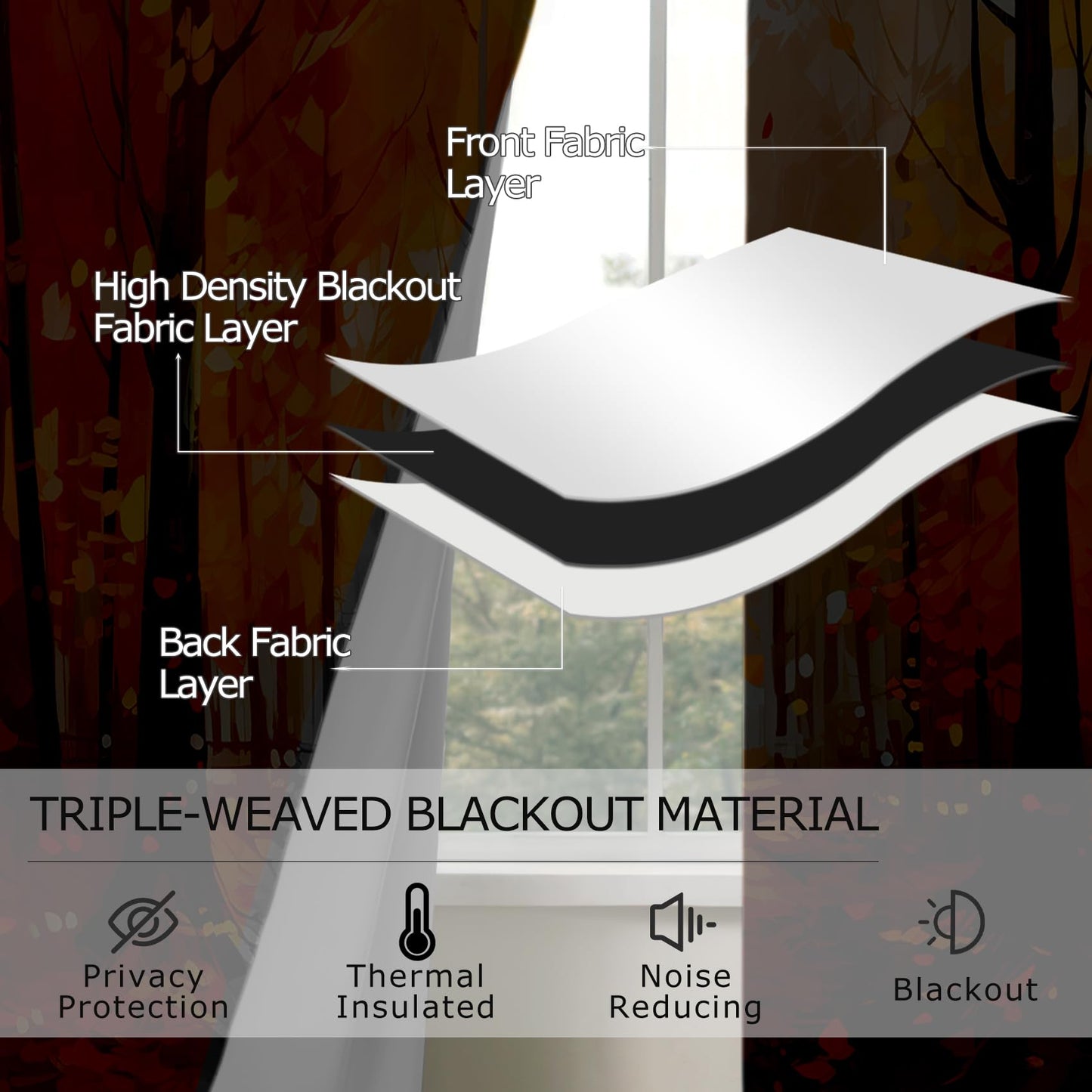 Fall Scenery Curtains 63 Inch Length, Autumn Forest Landscape Painting Art Blackout Curtains for Bedroom Living Room, Room Darkening Thermal Insulated Grommet Drapes, Patterned Window Treatments
