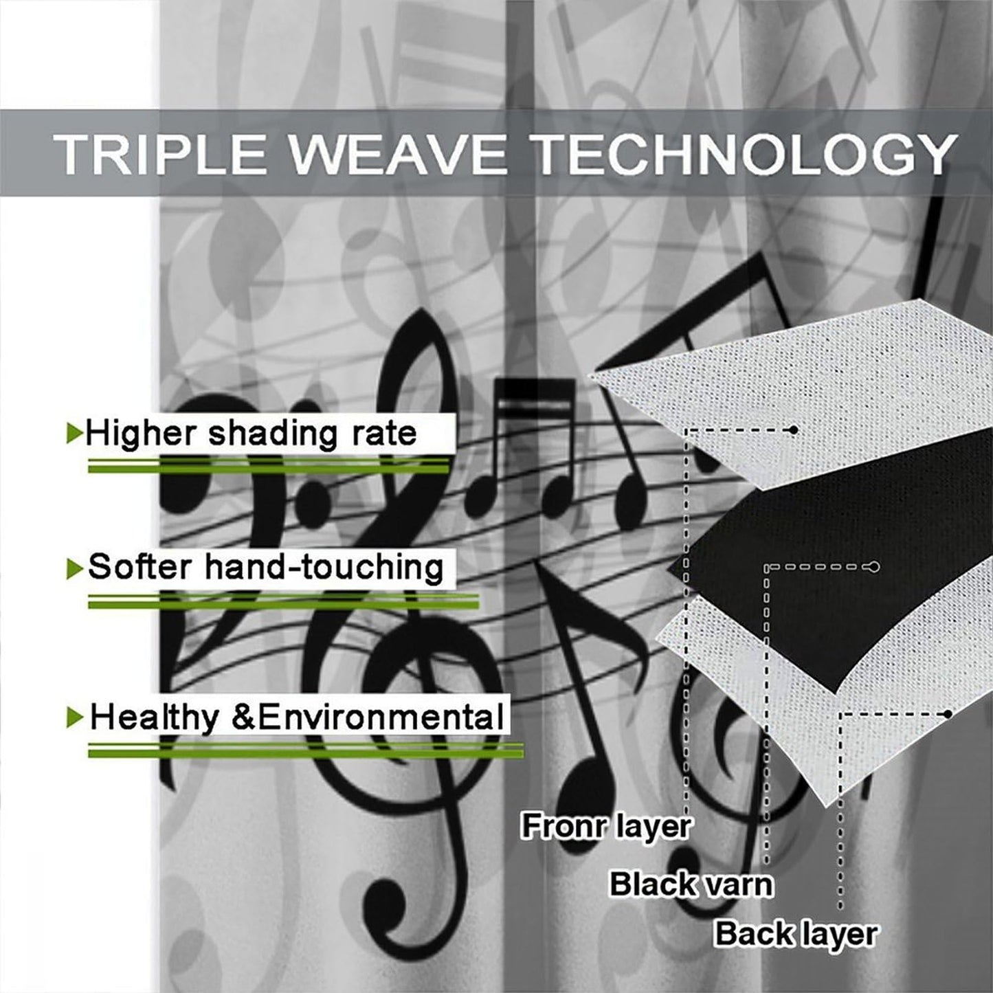 Djaby Music Notes Curtain, Musical Notes Rhythm of The Song Curtain Black and White Singing Clef Ornamental Window Treatments for Bedroom Living Room Home 42" W X 45" L(No Blackout)