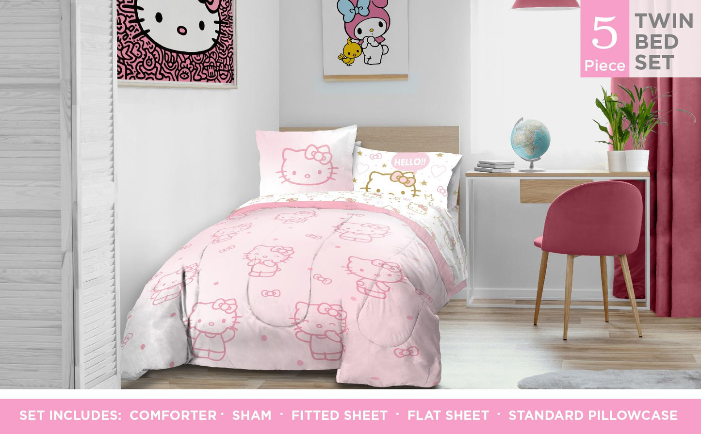 Jay Franco Hello Kitty Twin Comforter Set, 5 Piece Bed in a Bag - Kawaii Pink Bedding Set with Comforter, Sheets and Sham, Soft Brushed Microfiber, Machine Washable, Cute Bedroom Decor