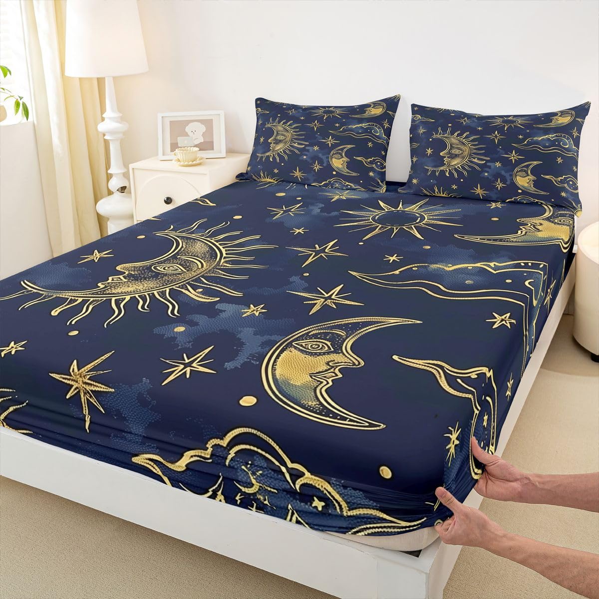 Erosebridal Moon Galaxy Bed Sheets Set Full Mystical Celestial Star Sky Sheet Set Bohemia Sun Moon Sheets Cosmic Cloud Flat Fitted Sheet