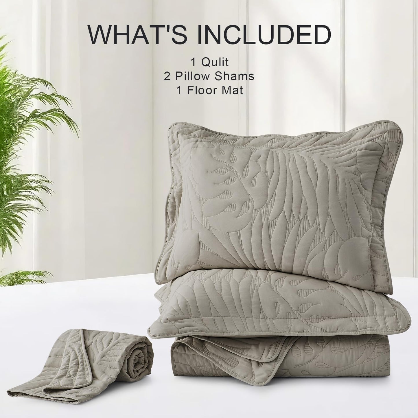 DaisyHuang Quilt Set Queen Size -Leaves Pattern Stitching Quilt Set - Elegant & Fresh Style Bedding Coverlets, Ultrasonic Quilting, Reversible, Lightweight, 4 Piece, Taupe