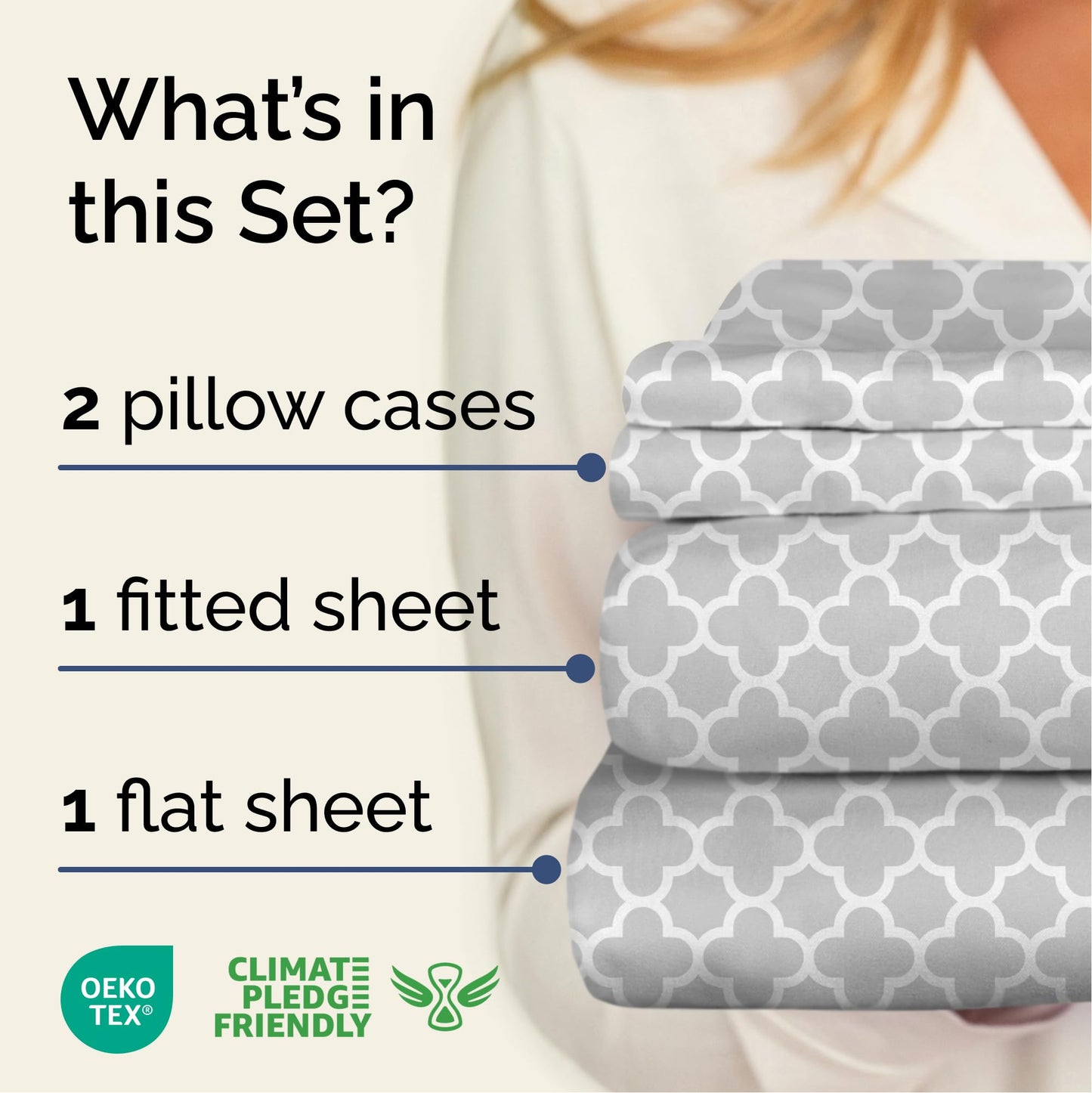Grey Geometric Bed Sheets - 1 Flat & 1 Fitted Sheet & 2 Pillowcases w/ Deep Pockets – Wrinkle & Fade Free- Ultra-Soft, Breathable and Cooling - Luxury Moroccan Bed Set – Full Size - Gray Quatrefoil