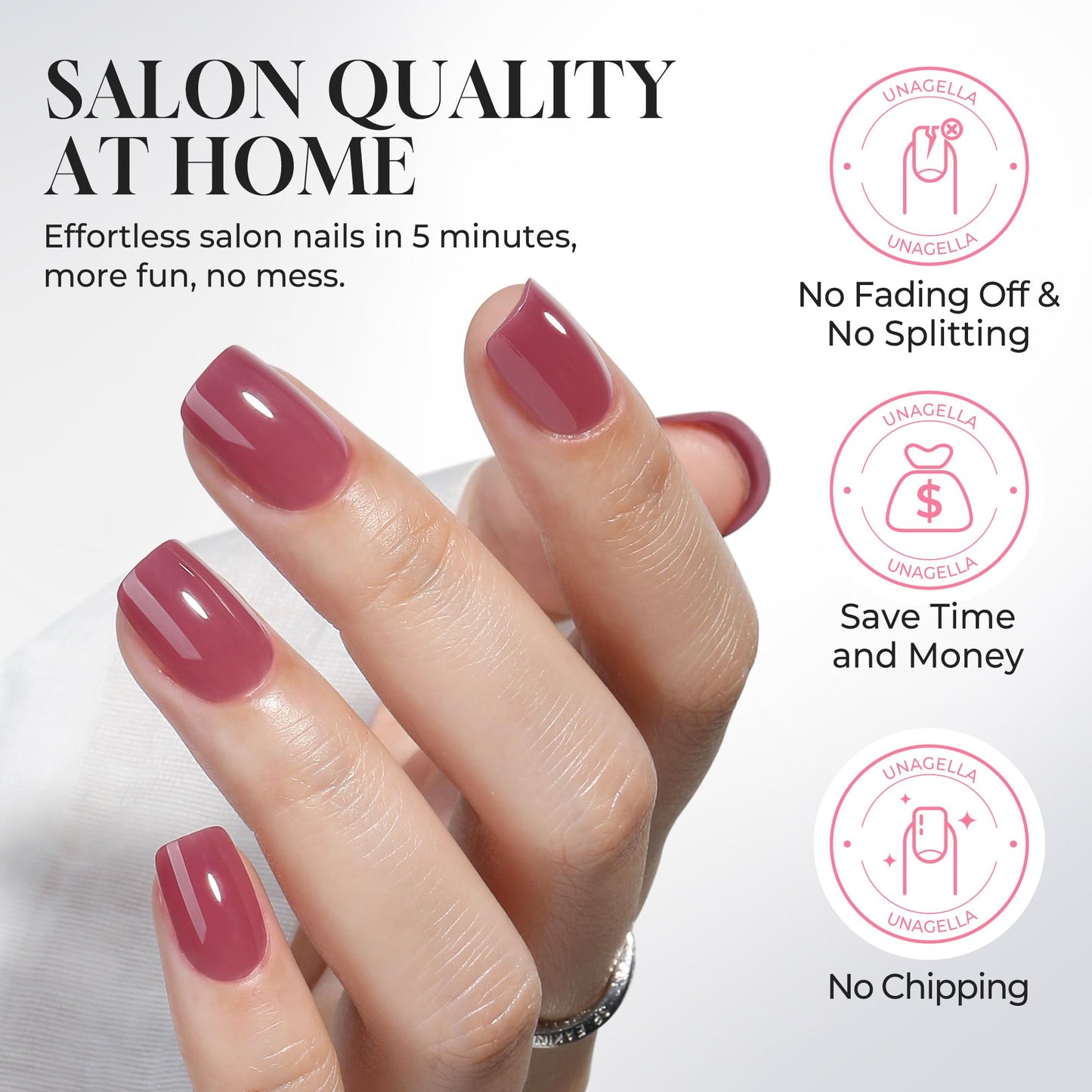UNA GELLA Press on Nails Short Square - 32Pcs 16 Sizes Soft Gel Fake Nails, Dusty Rose Mauve Glossy Glue on Nails, Reusable Stick on Nails Kit for Women Manicure