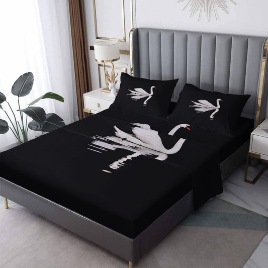 THYUNQ Swan Sheets Full Size Bed, 3D Animal Pattern Bedding Sheets & Pillowcases - 16 Inch Deep Pocket, Super Soft Microfiber Printed Sheet Set 4 Piece