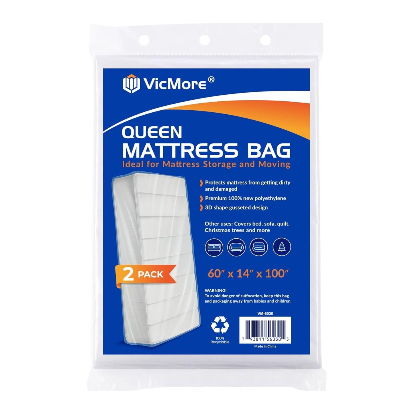 VICMORE Queen Mattress Bags 2-Pack for Moving & Storage - 1.5 Mil Clear Plastic Queen Mattress Moving Bags, Dust Protection