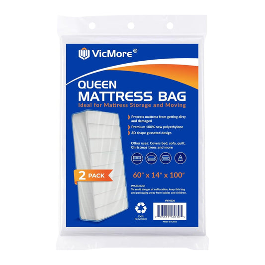 VICMORE Queen Mattress Bags 2-Pack for Moving & Storage - 1.5 Mil Clear Plastic Queen Mattress Moving Bags, Dust Protection