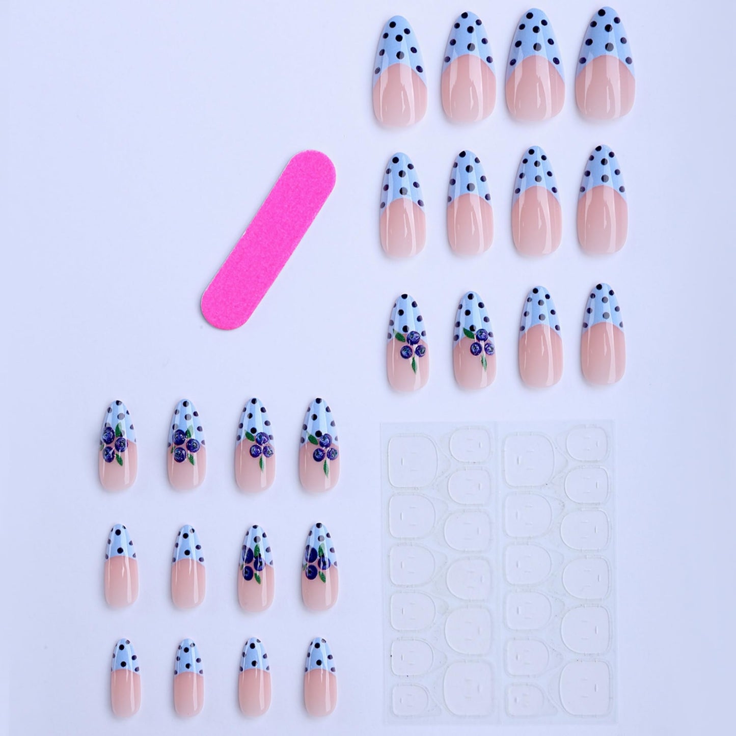 octoswave Almond Press on Nails Long 3D Blueberry French Tip Fake Nails Blue Polka Dot Glossy False Nails for Women and Girls 24Pcs