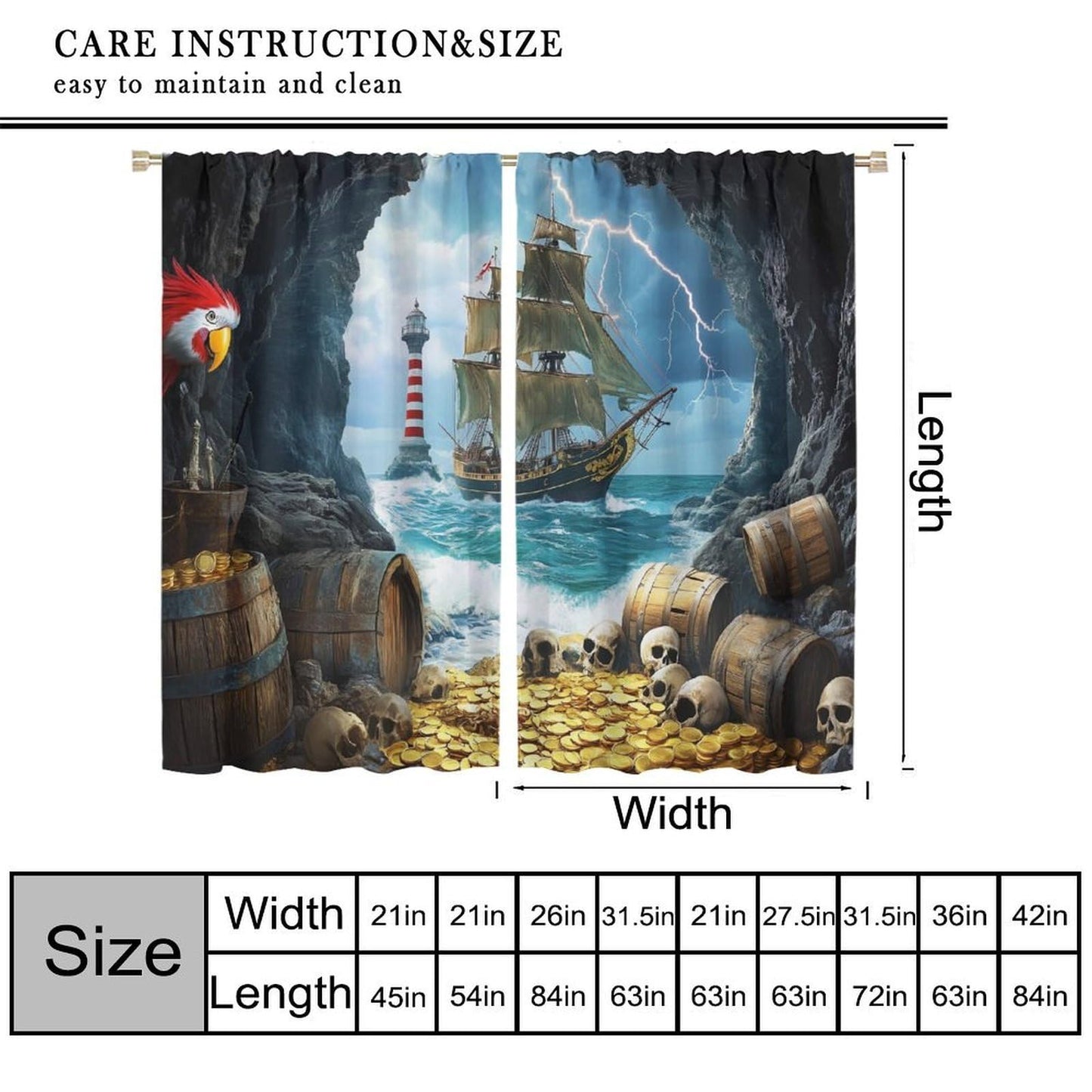 wlsgdsg Pirate Ship Curtains for Boys Retro Medieval Nautical Era Pirate Ship Treasure Gold Coin Pattern Window Treatments for Kids Teen Bedroom Living Room 42x44.5In（No Blackout）