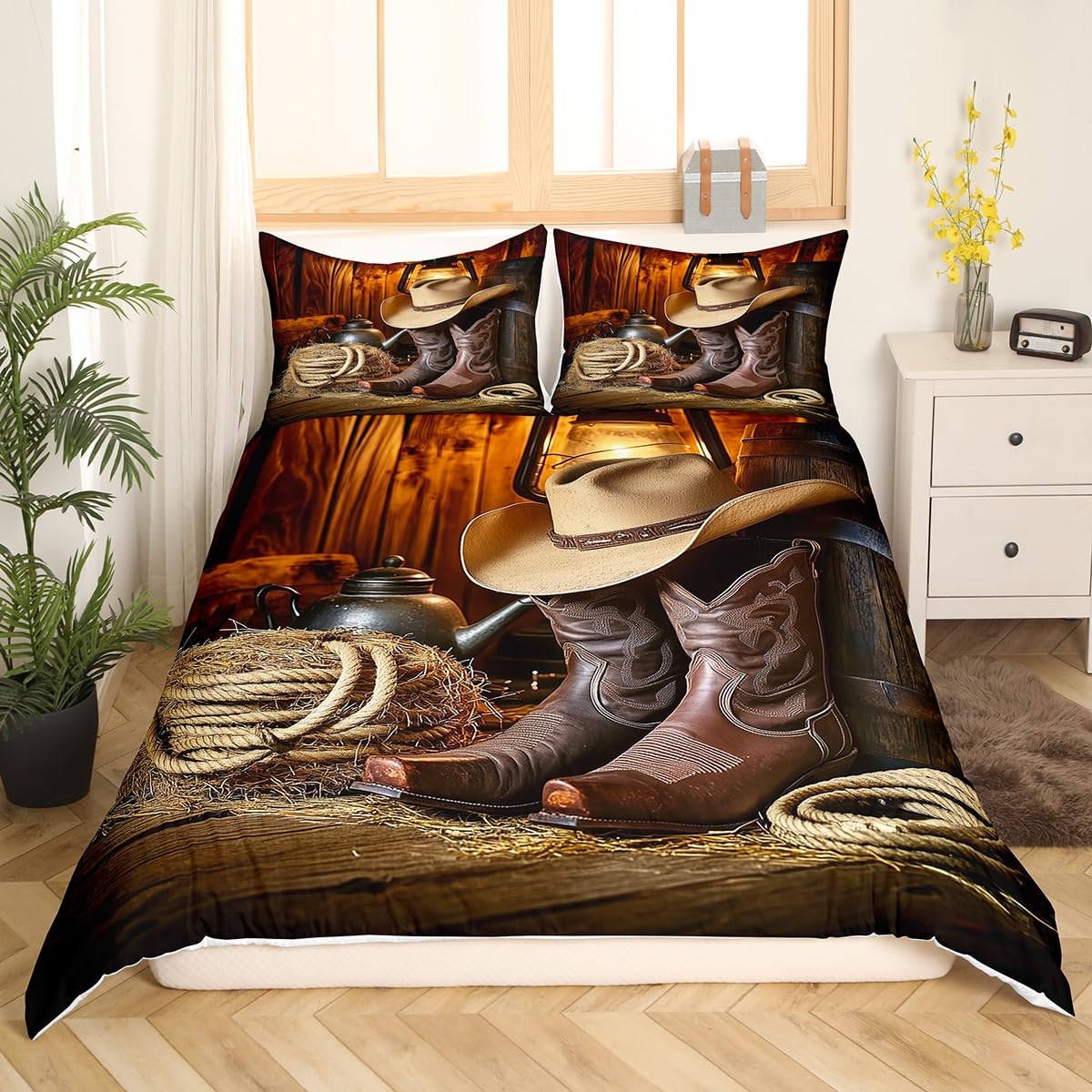 Feelyou Western Decor Duvet Cover Retro Cowboy Style Bedding Set Wild West Themed Comforter Cover for Boys Teens Men Grunge Design Bedspread Cover Queen Size with 2 Pillow Case