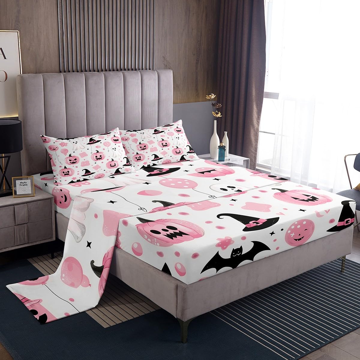 jejeloiu Kids Halloween Decor Bed Sheets Sets Twin Size Kids Boys Girls Cartoon Ghost Bedding Set Pumpkins Bed Sheet Set with 16-Inch Deep Pockets Spooky Halloween Decorations 3Pcs with 1 Pillow Cases