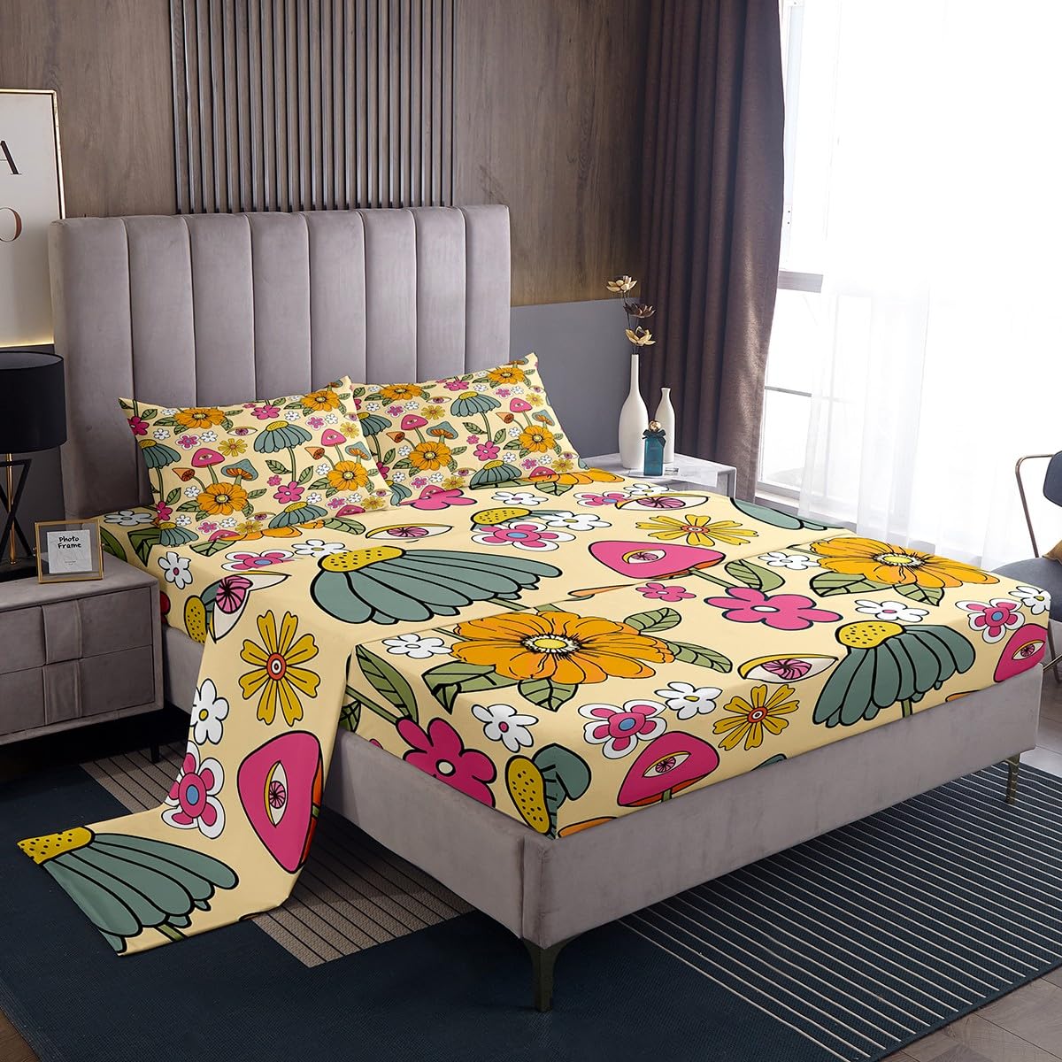 70s Retro Floral Fitted Sheet Set Full Size 4pcs,Hippie Flowers Leaves Bedding Sets(1 Fitted, 1 Flat, 2 Pillowcases) Cartoon Eyes Mushroom Luxury Deep Pocket Bed Sheets, Modern