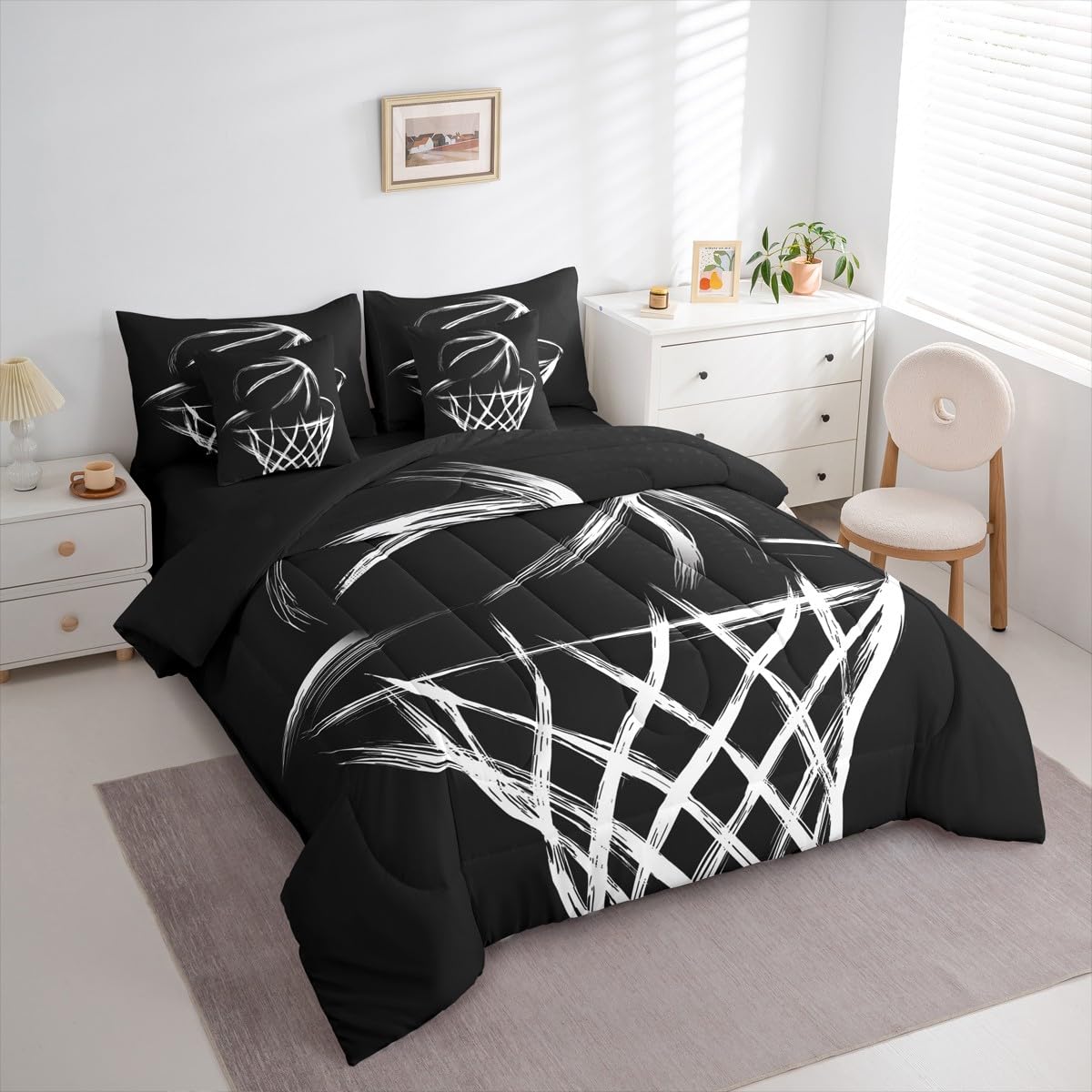Erosebridal Basketball Hoop Queen Comforter Set with Sheets | Abstract Basketball 7-Piece Bedding Set Black and White Bed in a Bag, Chic Simplistic Monochrome European Sports Ball Bed Sets