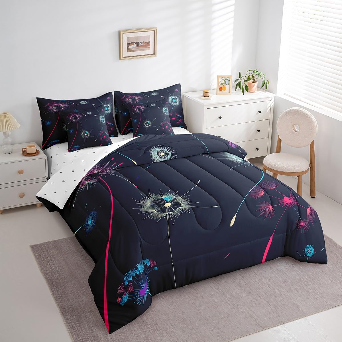 Erosebridal Dandelion Quilt with Flat Fitted Sheet Colorful Dandelion Bed in A Bag 7 Piece Twin Fantasy Flying Fluffy Petals Plant Comforter Set Rustic Farmhouse Floral Bedding Sets