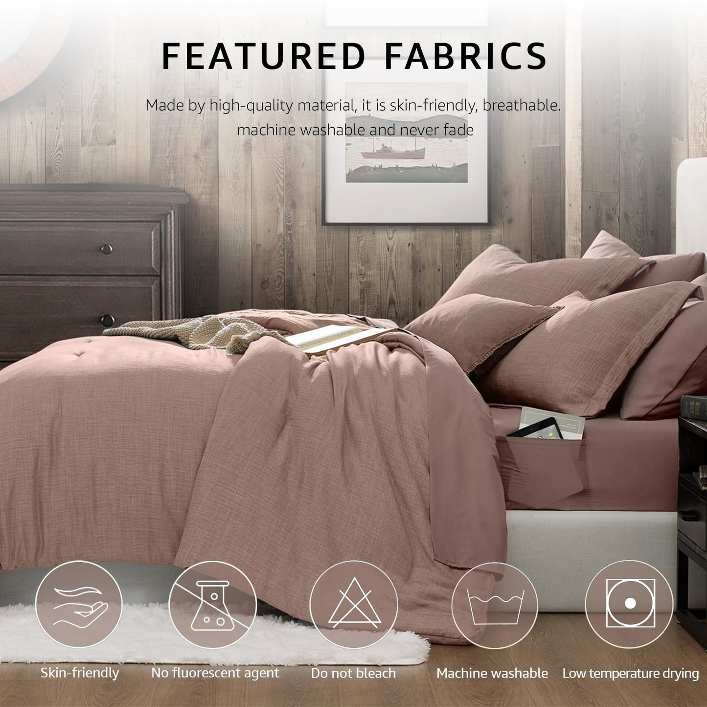 Geniospin Queen Comforter Set - 7 Pieces Comforter Queen Size, Soft Solid Bedding Set for All Season, Textured Bed in a Bag with Sheets, Pillowcases & Shams (Misty Rose, 90''x90'')