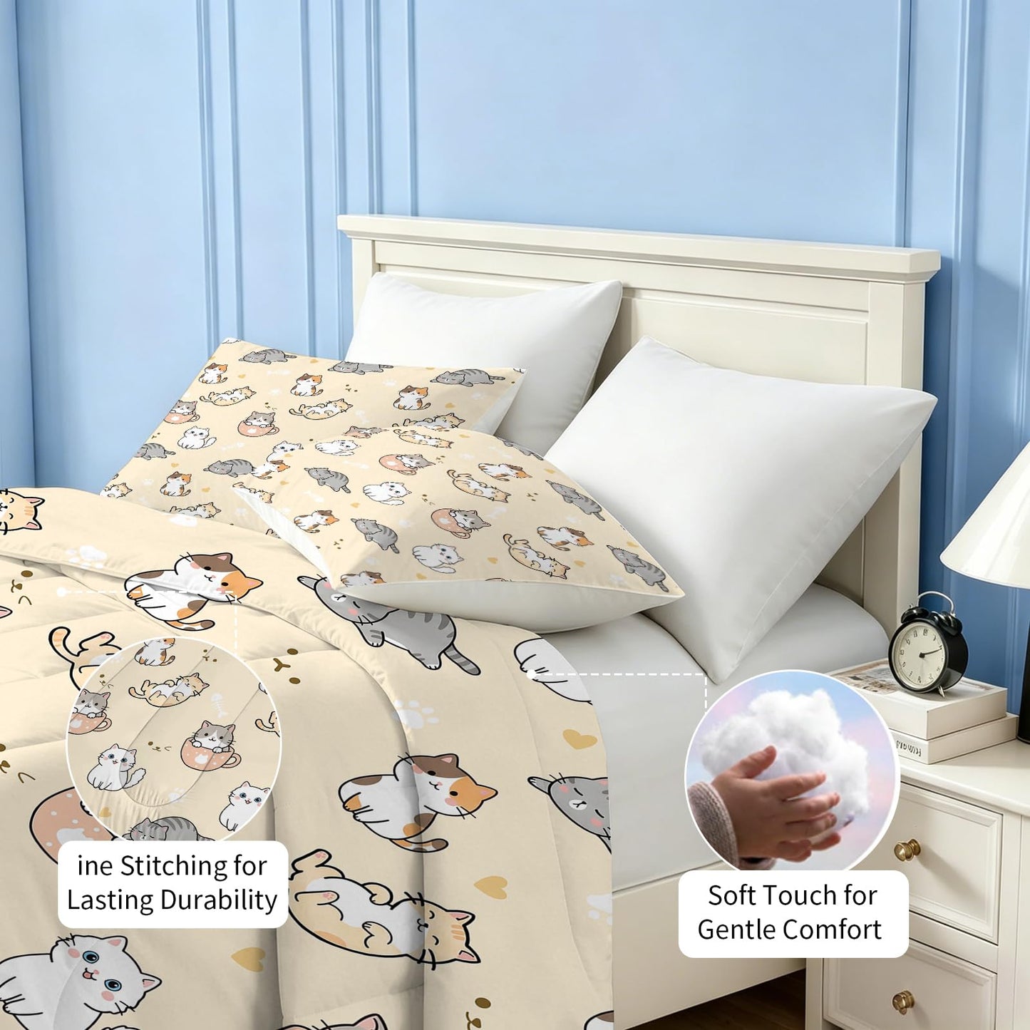 EDGZKO Cat Comforter Set Full Size Cartoon Cat Pattern Princess Bedding Set Soft Toddler Quilt Duvet Set Full Bed Set for Girls Kids Teens Adults Nursery 1 Comforter 2 Pillowcases