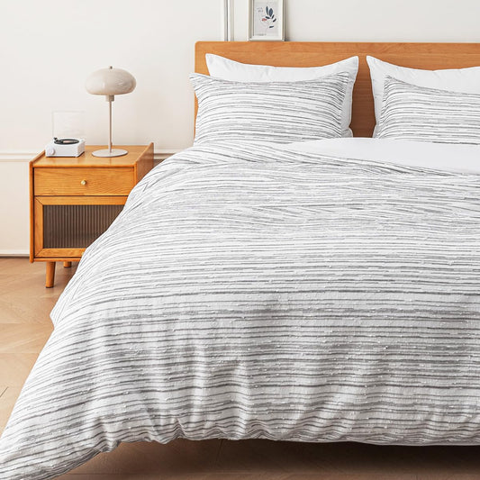 SLEEP ZONE Duvet Cover Set Queen, Luxury Jacquard Lines Soft and Breathable 3 Pcs Comfy Bedding Set Duvet Cover with Zipper Closure and 2 Pillow Shams, Gray