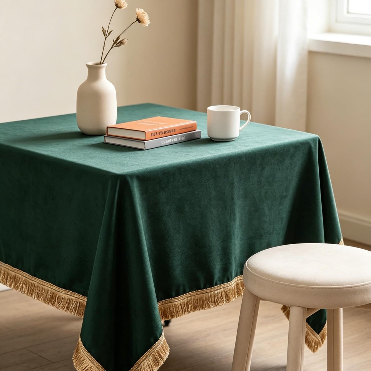 FAIRY KAARI Velvet Tablecloth Luxurious Green Rectangle Table Tablecloth Thickset with Luxurious Gold Tassels Table Cloth for Home Decor Christmas Wedding, Party, Banquet and Events 55X55inch